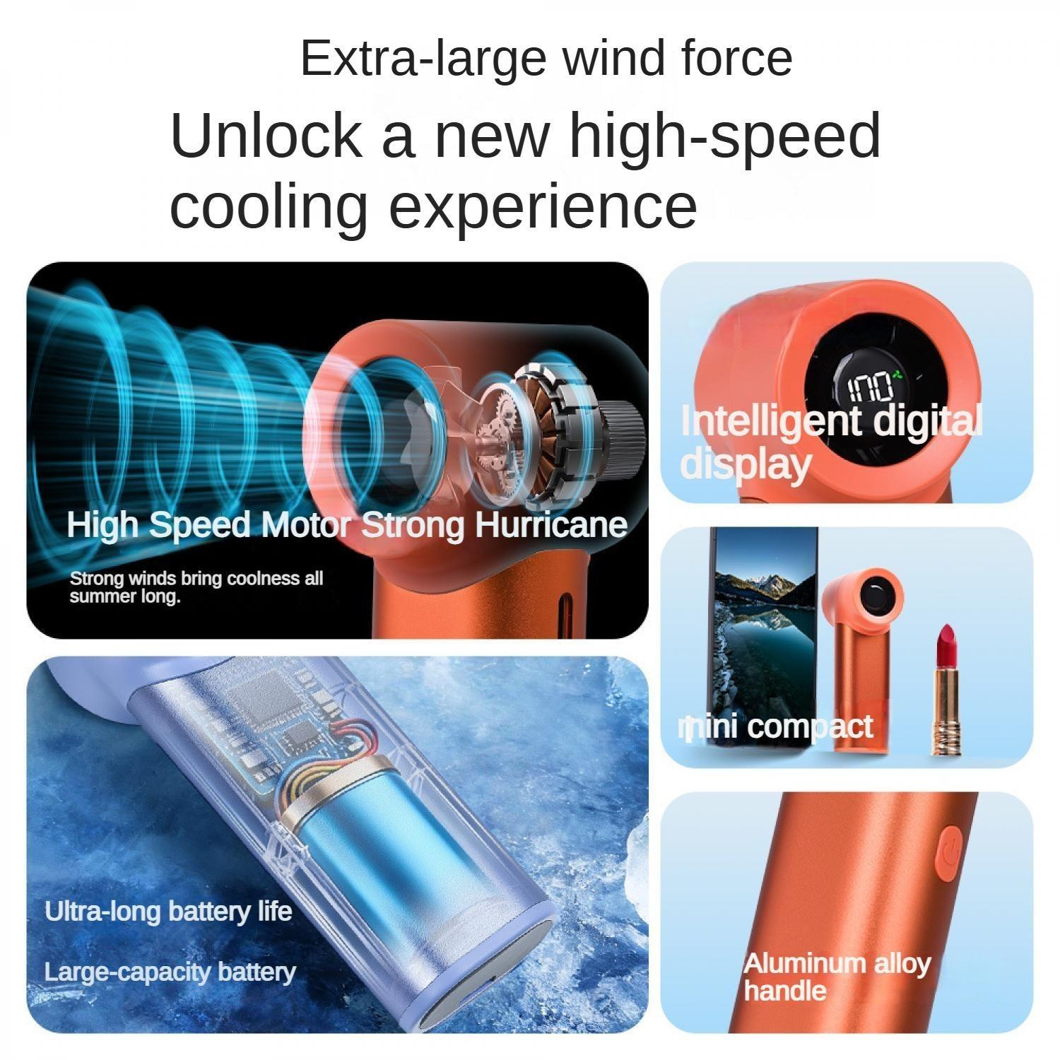 Ein Lüfter mit starkem Motor, digitaler Anzeige, kompakter Größe und Aluminiumgriff.