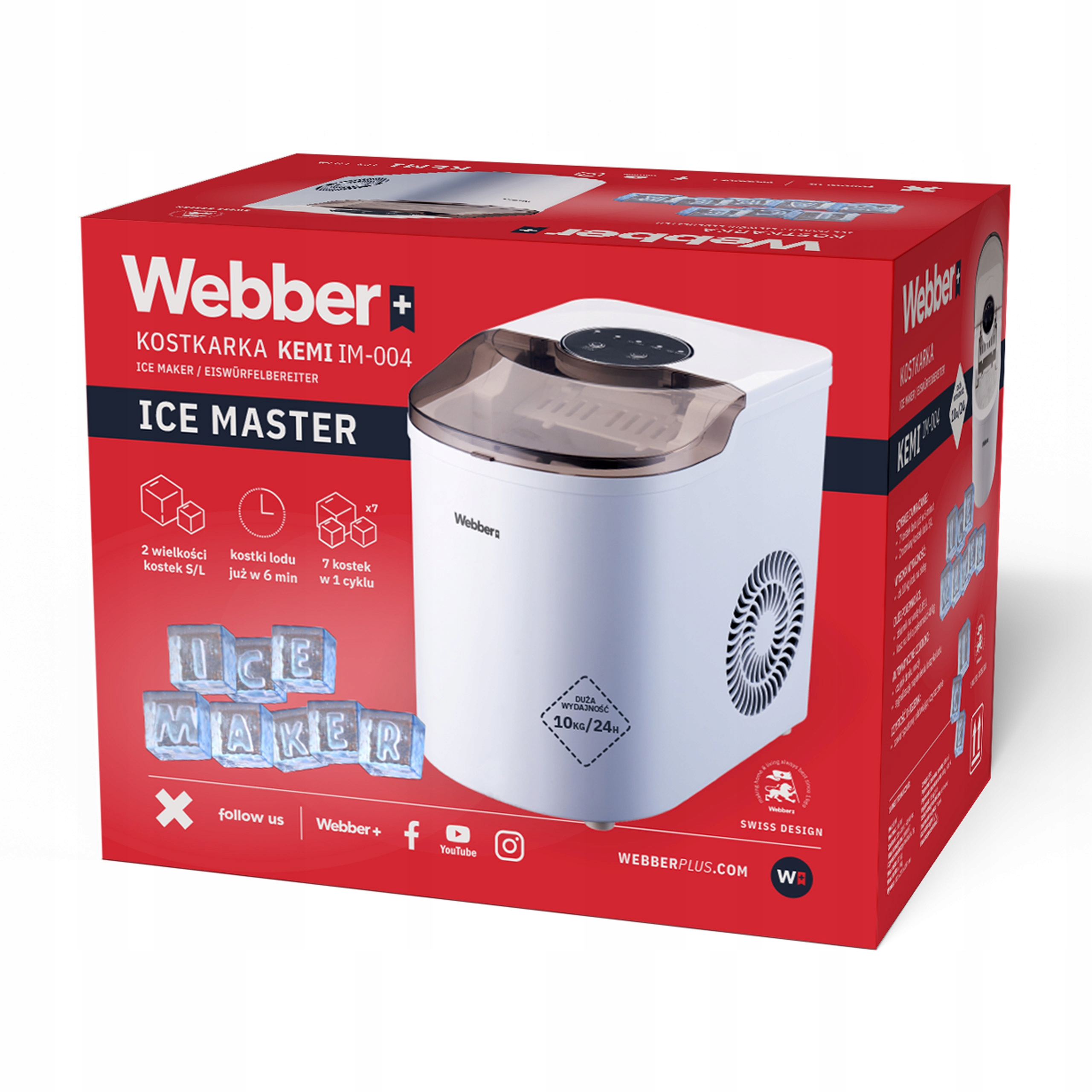 Opakowanie kostkarki do lodu Webber ICE MASTER. Biała maszyna z czerwonym pudełkiem i detalami.