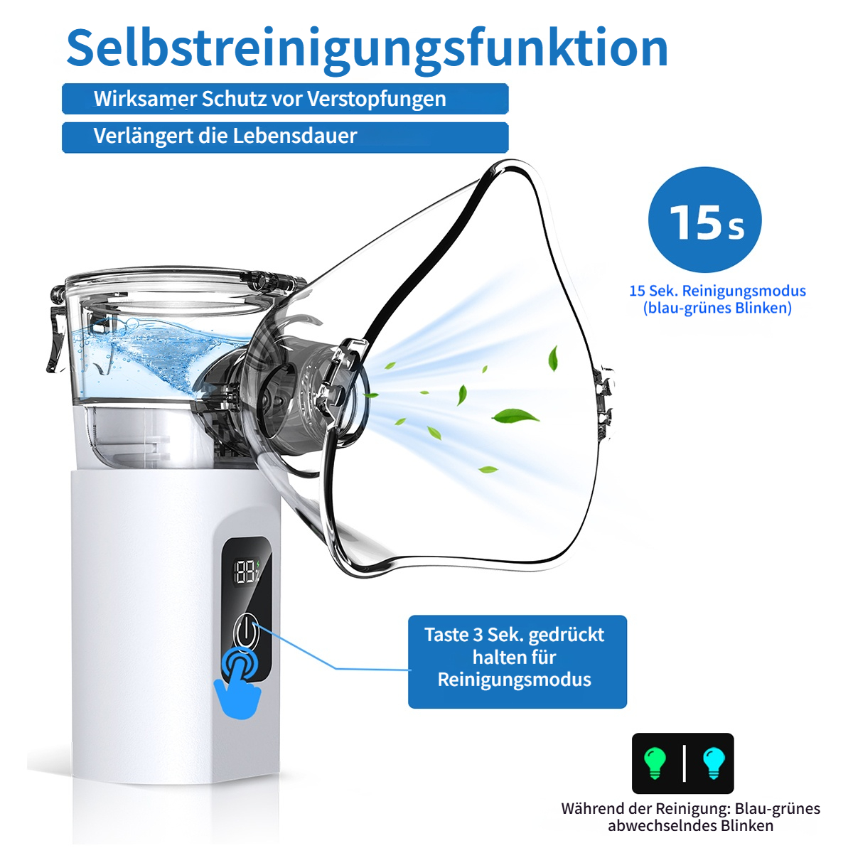 Ein weißer Vernebler mit einer Maske, die zur Selbstreinigung bereit ist.