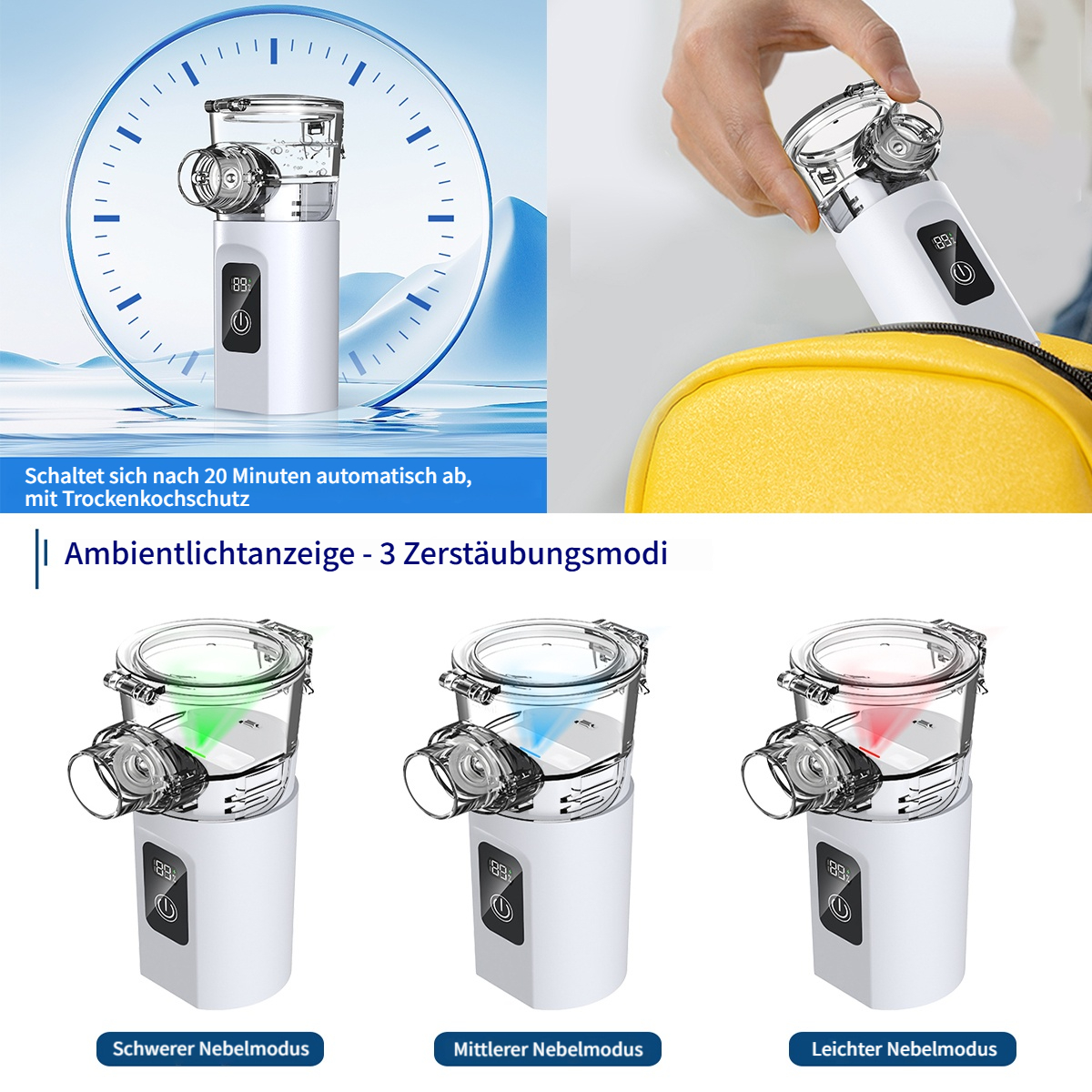 Ein Vernebler mit drei Nebelmodi: schwer, mittel, leicht. Mit Timer.