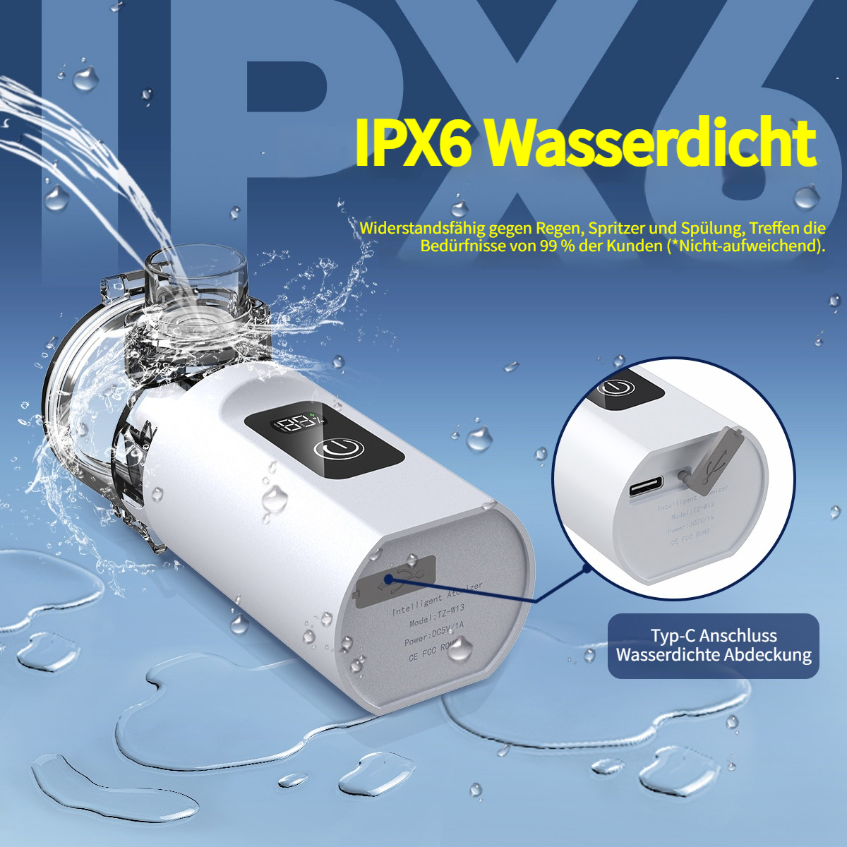 Ein weißer Zerstäuber mit IPX6-Wasserdichtigkeitssiegel, Wasser spritzt.