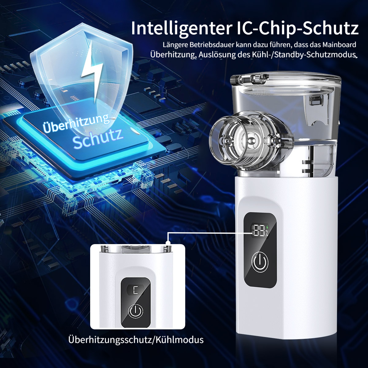 Ein weißer Vernebler mit digitaler Anzeige und ein Schutzschild-Symbol auf einer Leiterplatte.