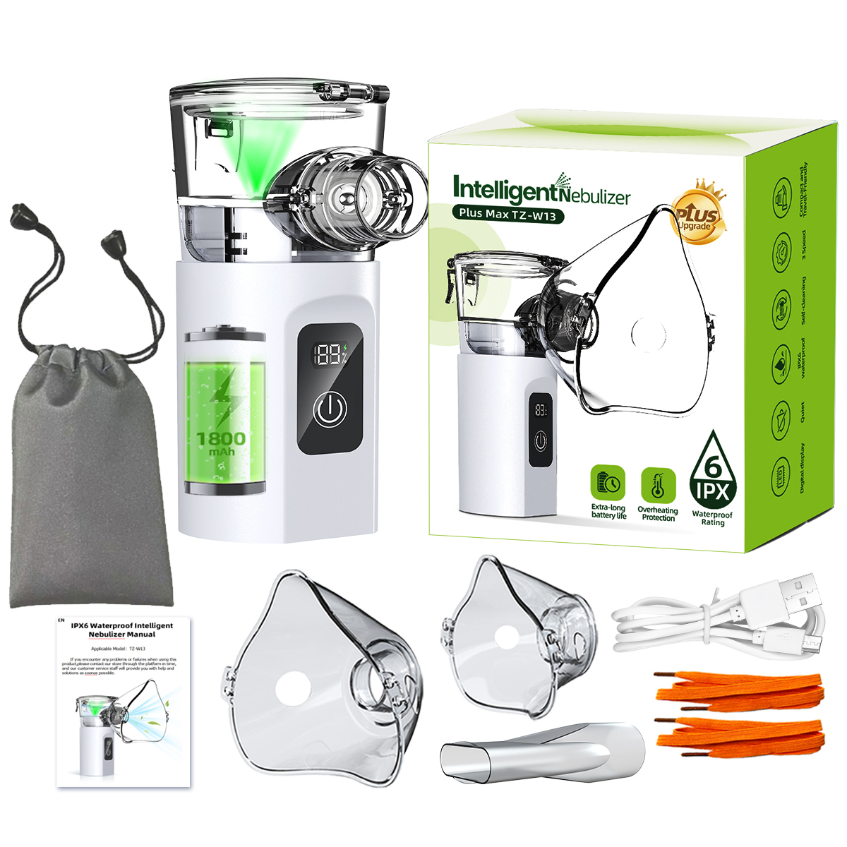 Ein intelligenter Vernebler-Kit mit Zubehör, darunter Masken, Ladekabel und eine Tasche.
