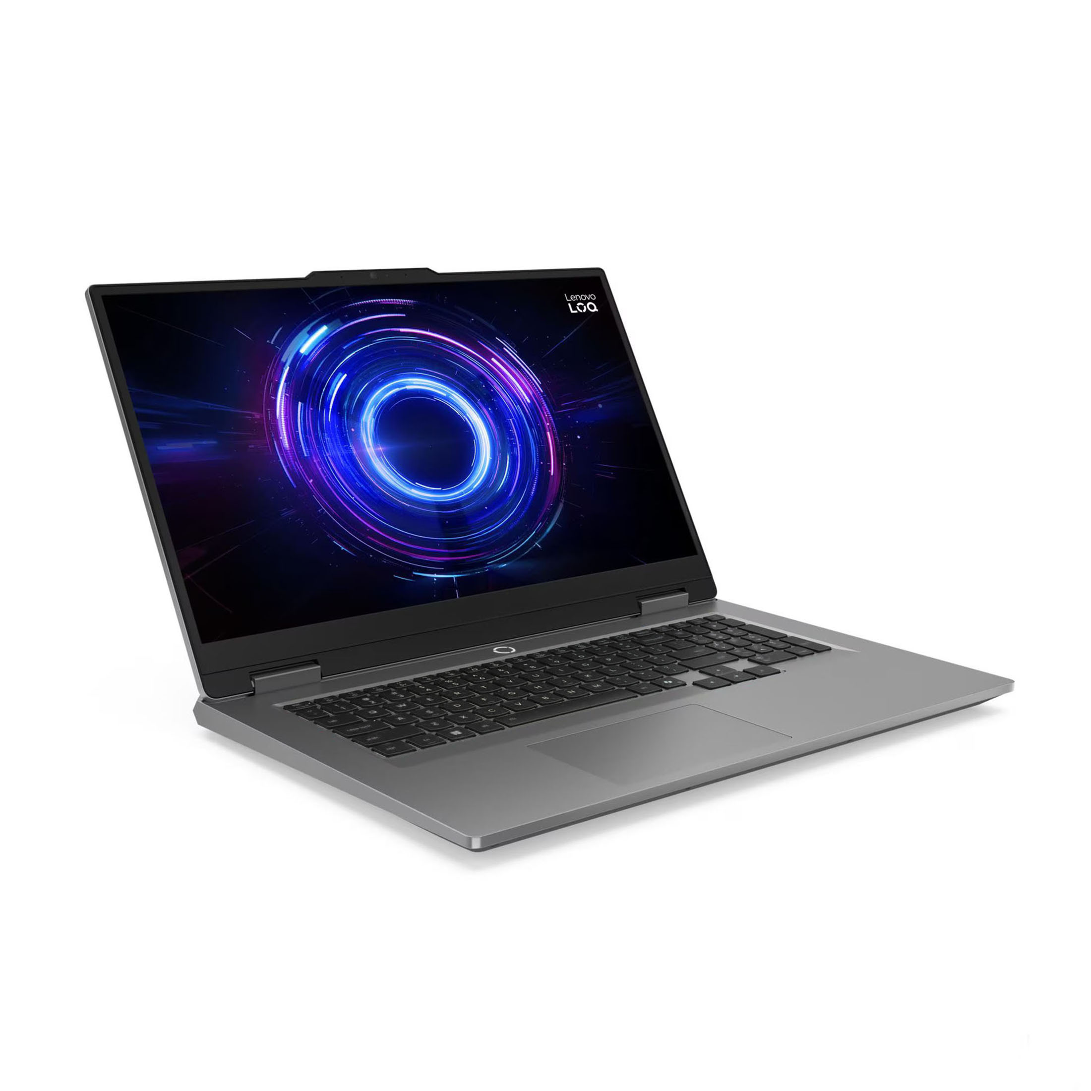 Ein graues Lenovo Loq Laptop mit leuchtendem, blauem Muster auf dem Bildschirm.