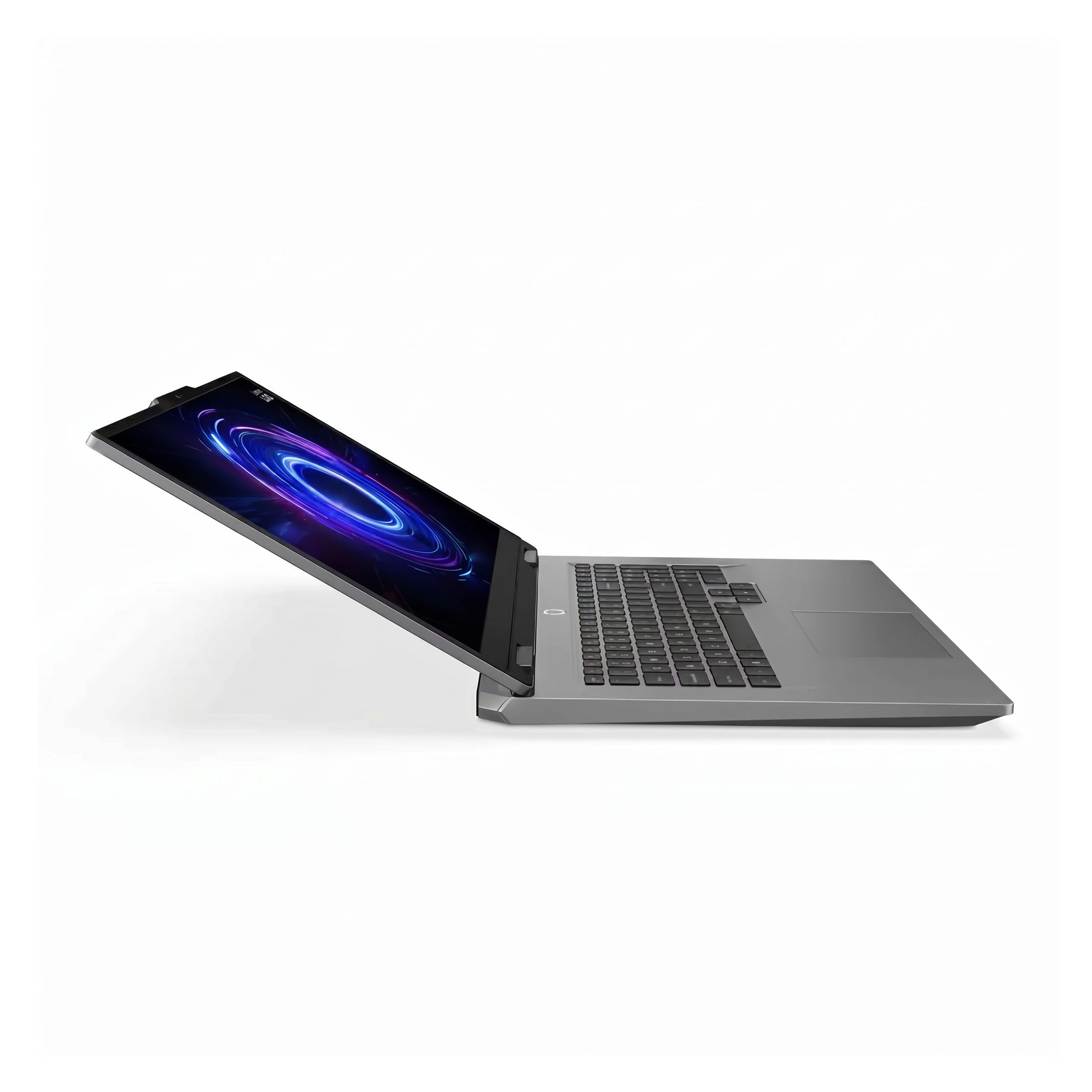 Ein graues Laptop mit geöffnetem Bildschirm, der ein blaues und violettes Muster zeigt.