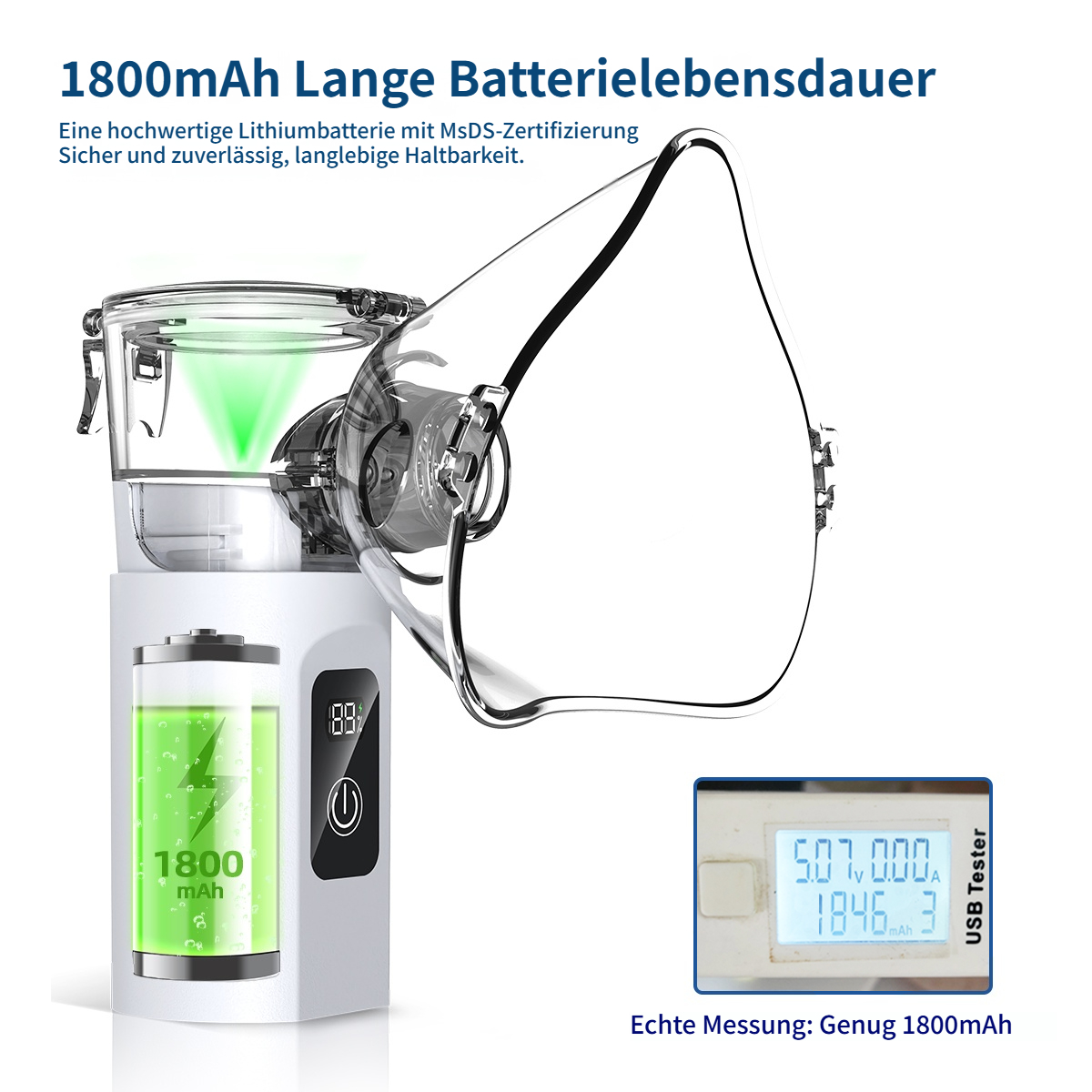 Ein Vernebler mit 1800mAh Batterie, angezeigt auf einem USB-Tester als 1846mAh.