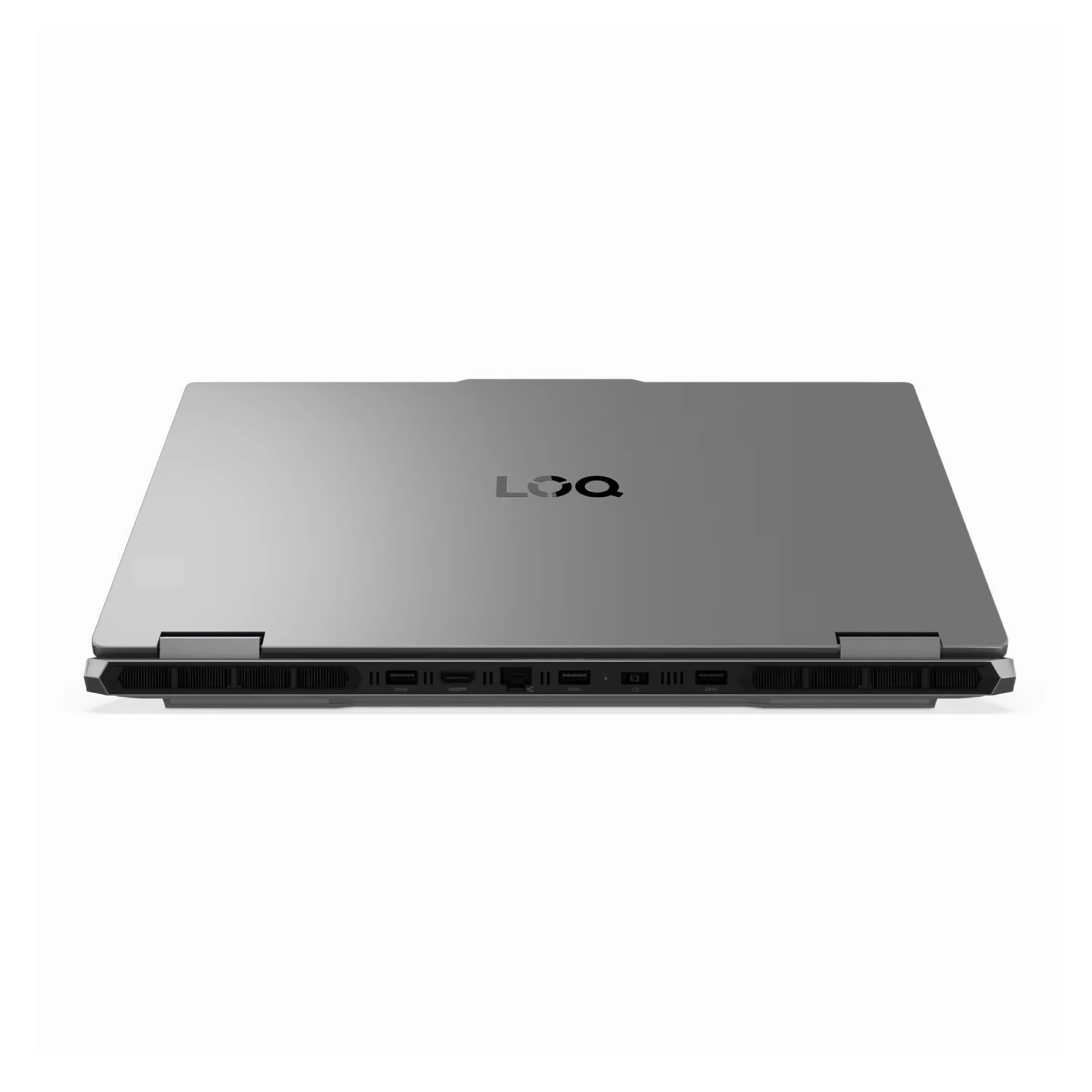 Ein geschlossener grauer Laptop mit dem Logo "LOQ" auf dem Deckel.