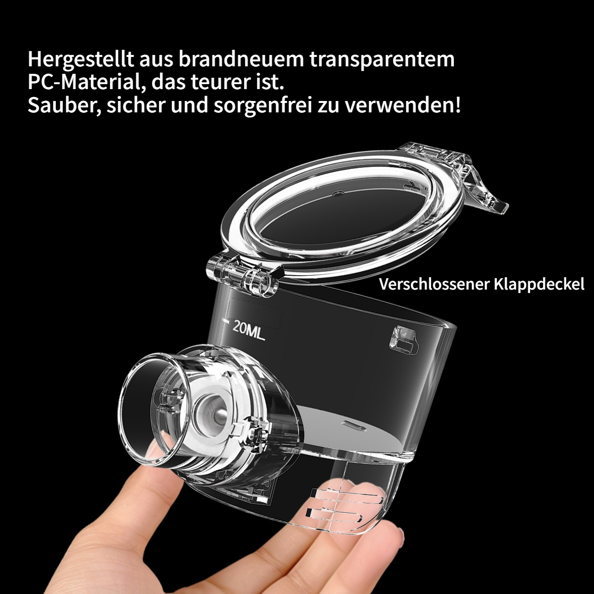 Transparenter 20-ml-Behälter mit Klappdeckel, gehalten von einer Hand.