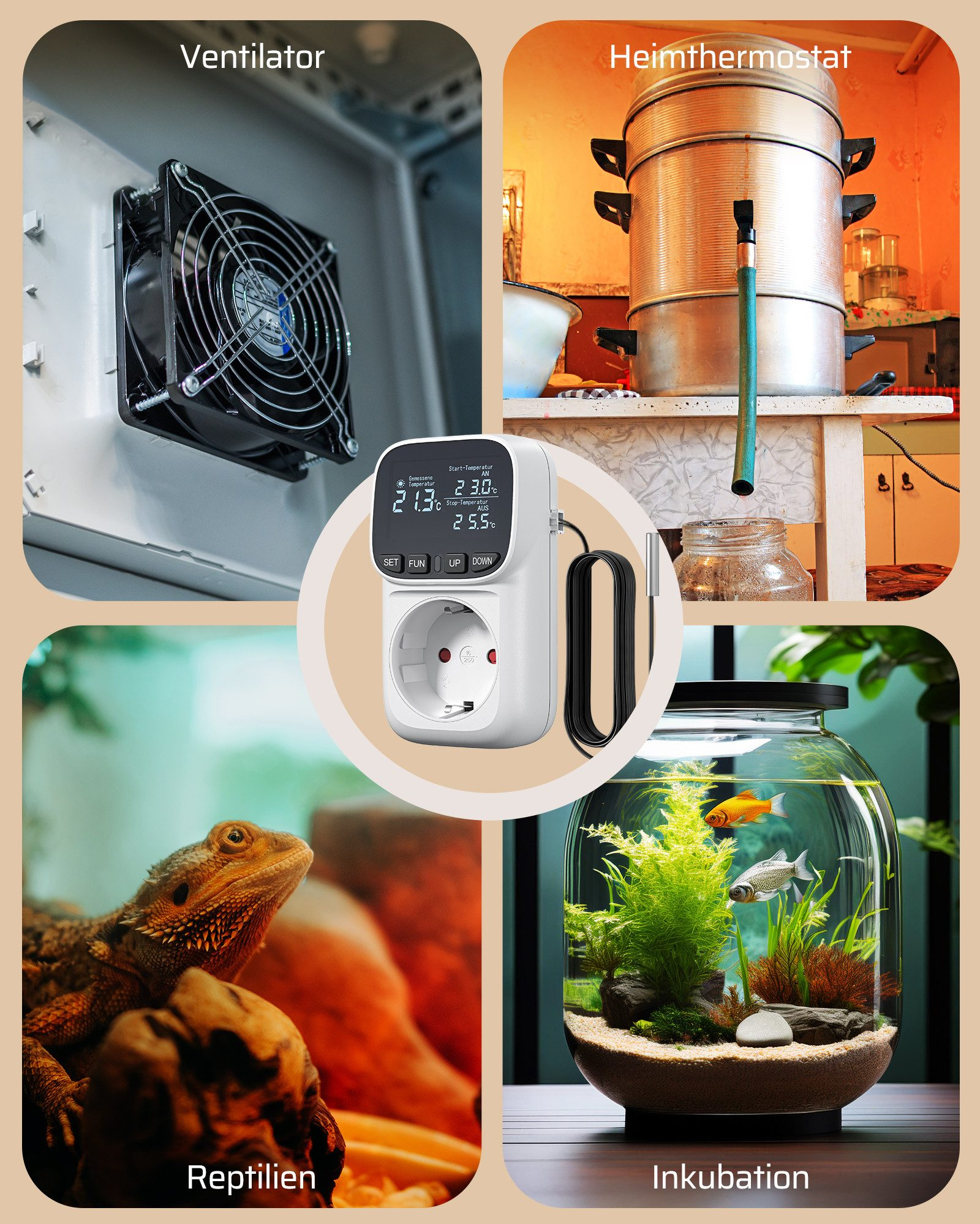 Vier Bilder: Ventilator, Heimthermostat, Reptil und Aquarium.