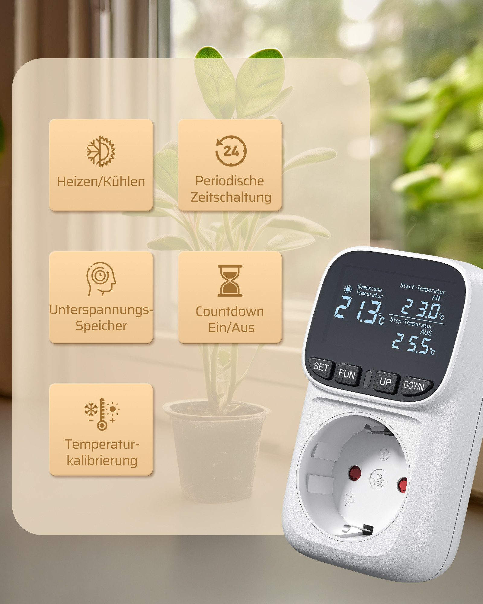 Ein digitaler Thermostat mit Steckdose zeigt Temperaturen und Funktionen.