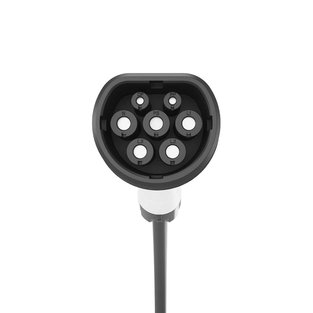 Een zwarte laadconnector voor elektrische voertuigen met witte contacten, gemarkeerd N, PE, L1, L2, L3, CP, PP.