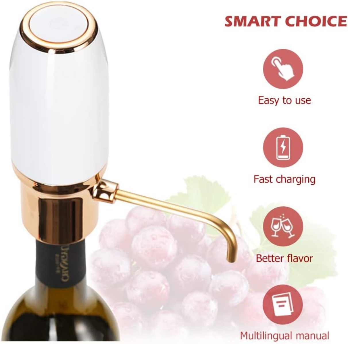 Weißer und goldener elektrischer Weinausgießer auf einer Flasche, mit Trauben und Symbolen.