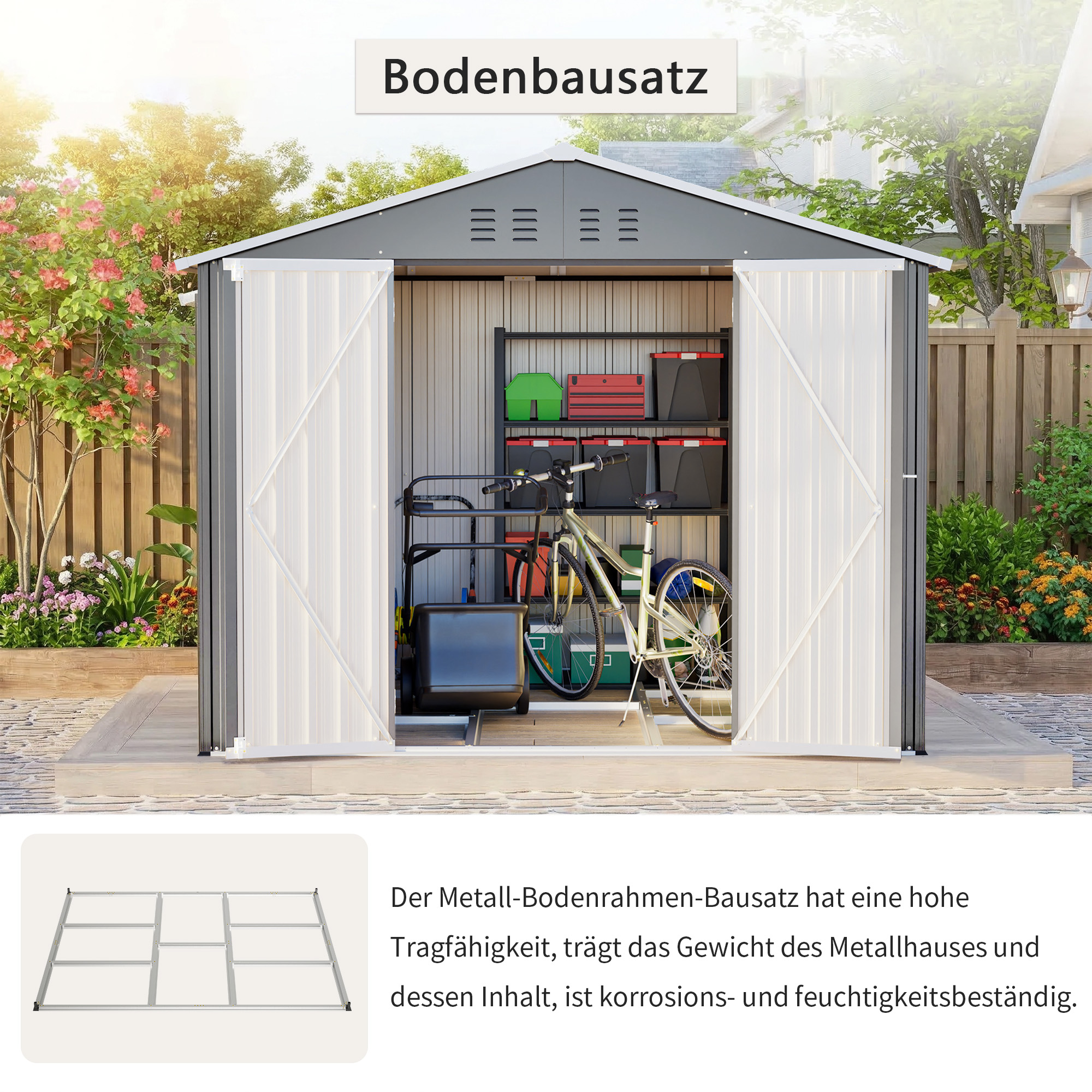 Ein Geräteschuppen mit offenen Türen, der Fahrräder und Werkzeuge enthält.