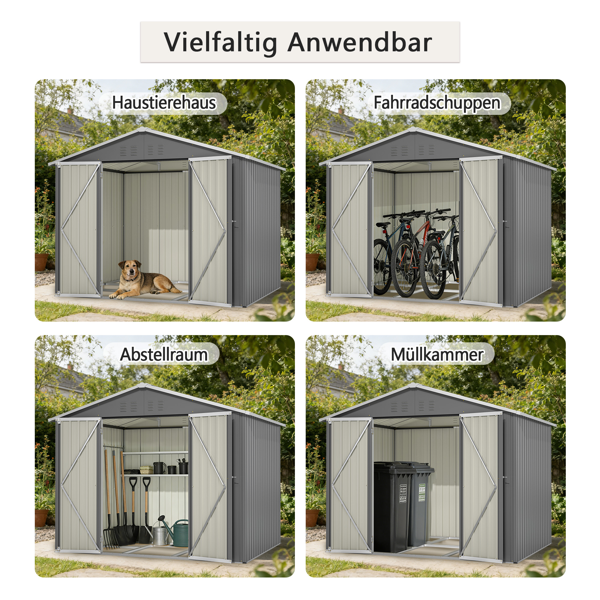 Vier Szenen eines grauen Geräteschuppens: Hund, Fahrräder, Werkzeuge, Mülltonnen.