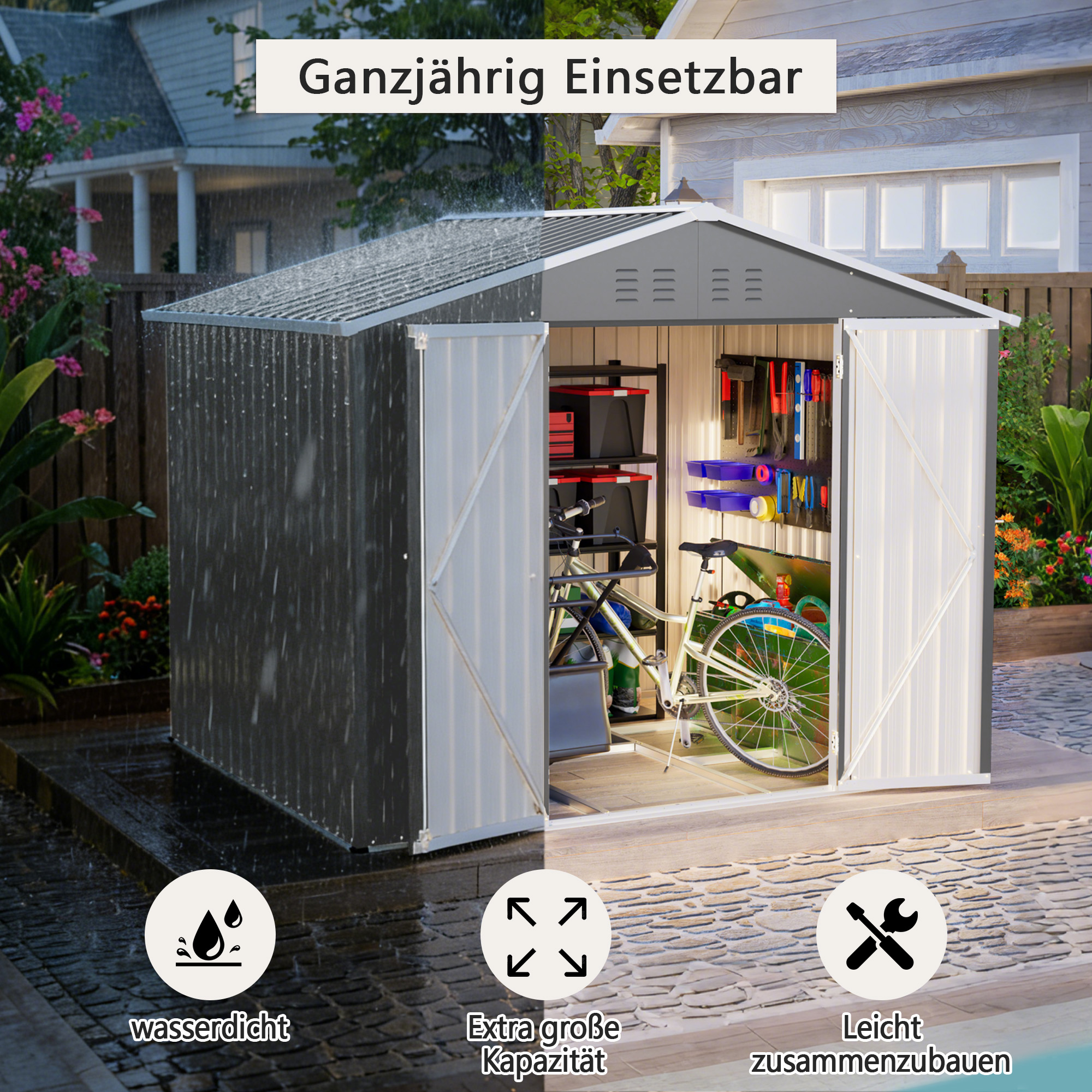Ein grauer Gartenschuppen mit offenen Türen bei Regen, Fahrrädern und Werkzeugen.