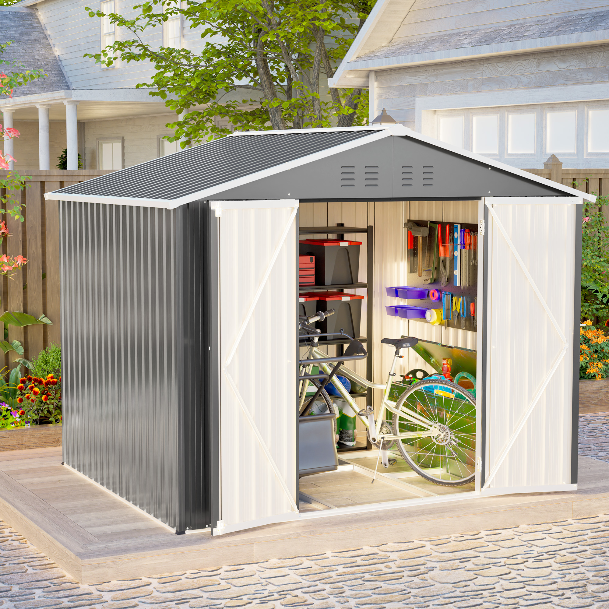 Ein graues Gartenschuppen mit Werkzeugen, Fahrrad und Lagerbehältern.