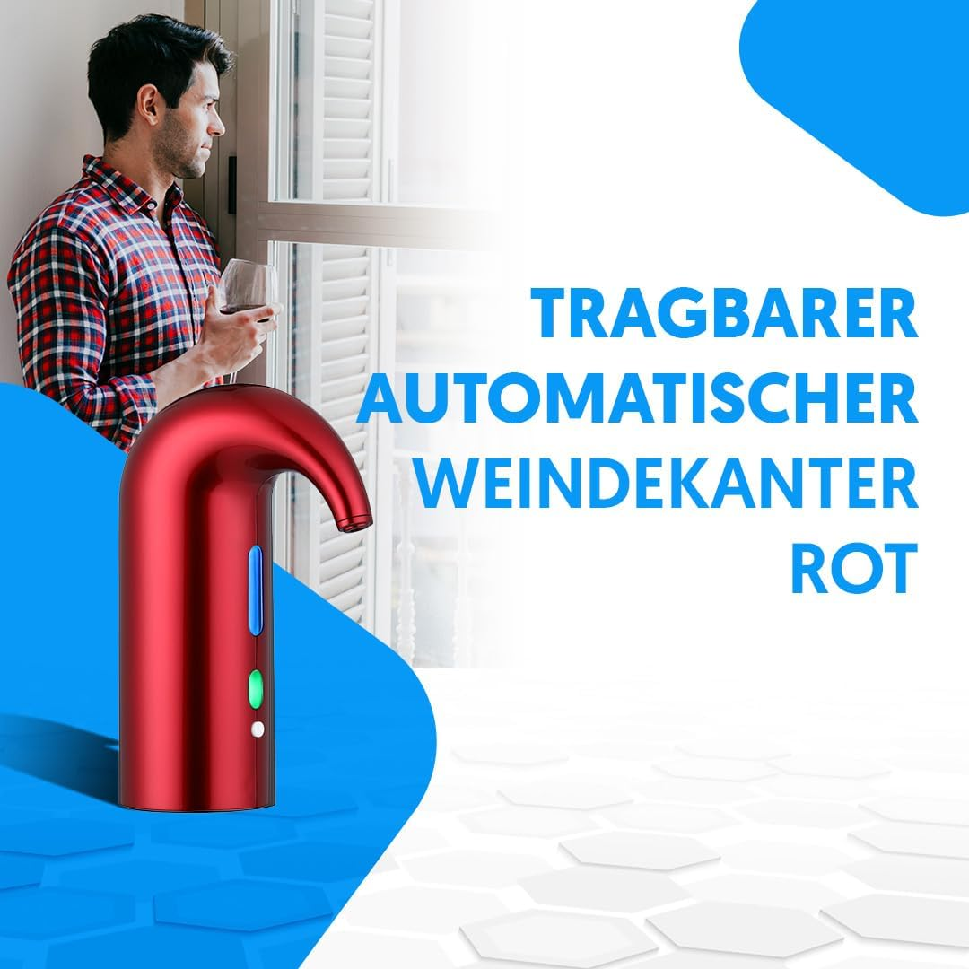 Mann mit Weinglas neben rotem automatischem Weindekanter mit Lichtern.
