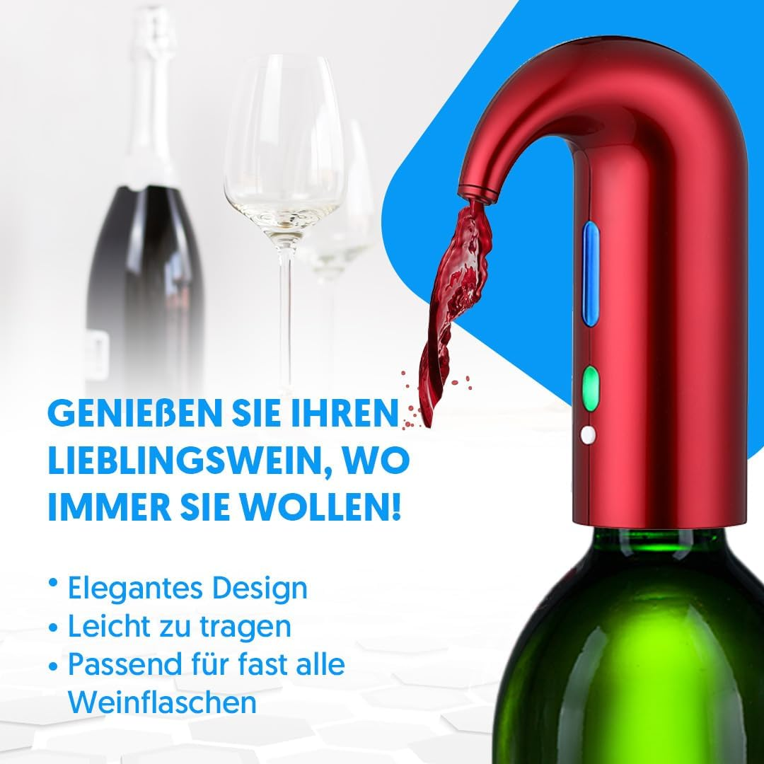 Rotwein fließt aus einem roten Weinausgießer in eine Flasche.
