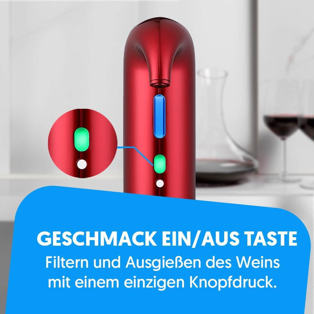 Roter Weinspender mit blauen und grünen Knöpfen, Dekanter und Weingläser.