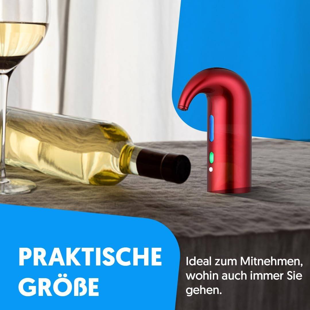 Ein roter Weinöffner steht neben einer Flasche Weißwein und einem Glas.
