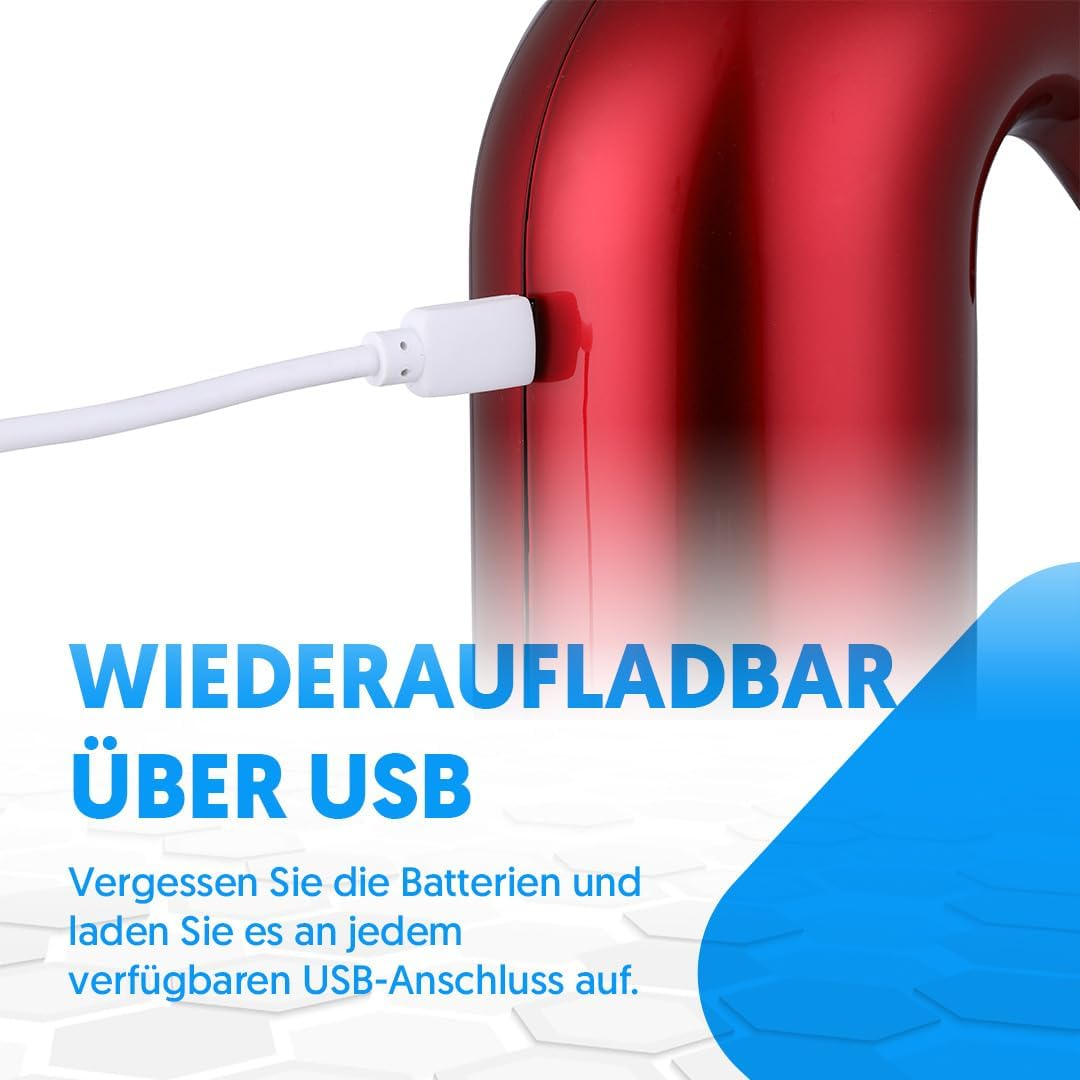Ein rotes Gerät wird über ein weißes USB-Kabel aufgeladen.