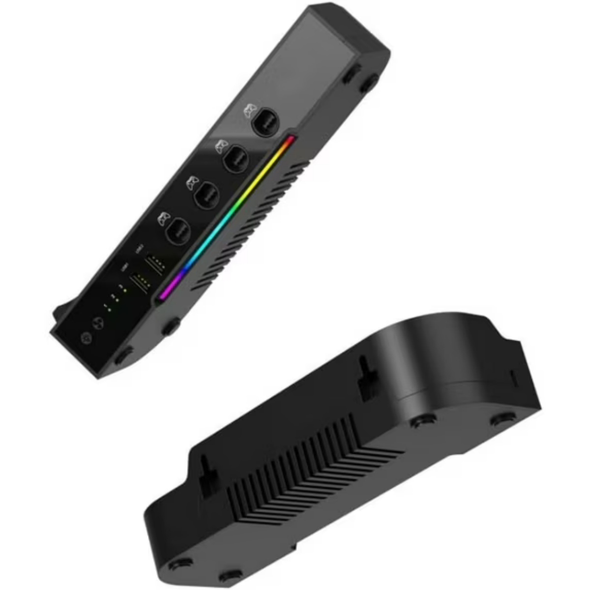 Zwei schwarze, längliche elektronische Geräte mit Knöpfen und Regenbogenlichtstreifen.