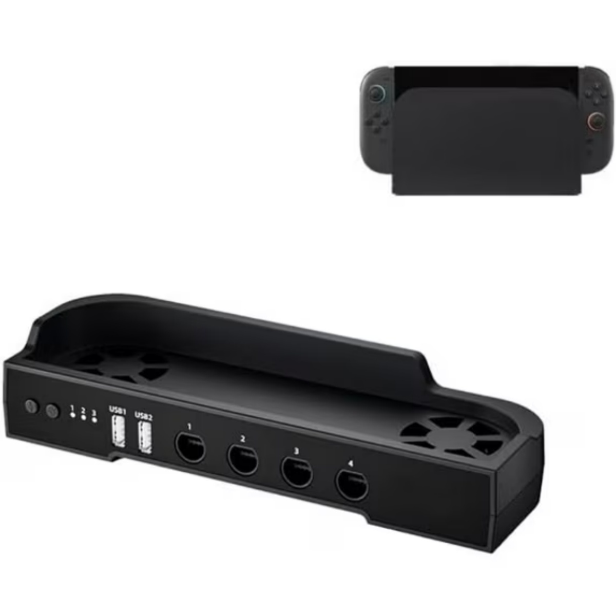 Schwarzer Lüfterständer mit 4 Anschlüssen und USB-Ports, daneben eine Nintendo Switch.