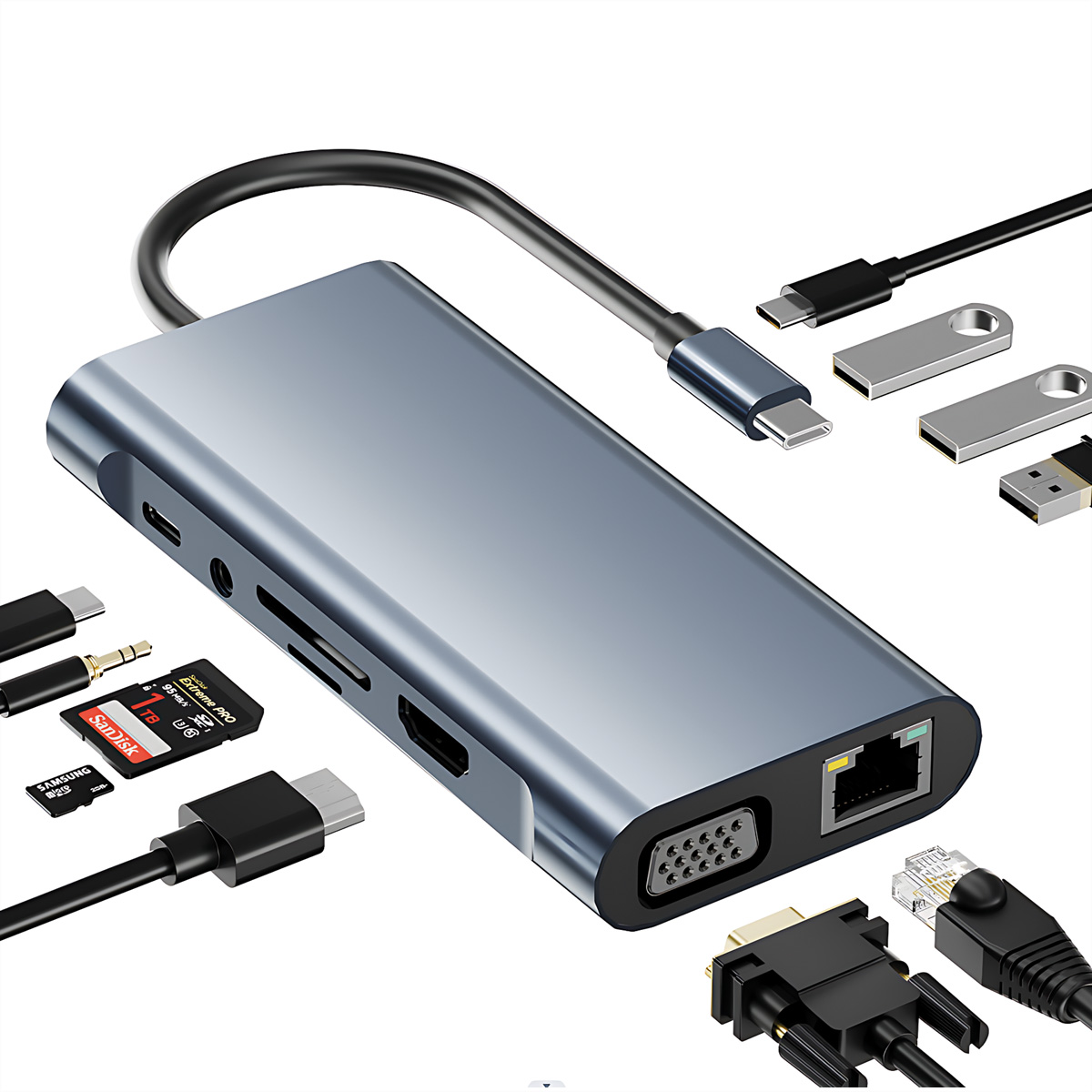 Grauer USB-C-Hub mit SD-Karte, HDMI, VGA, Ethernet und USB-Anschlüssen.