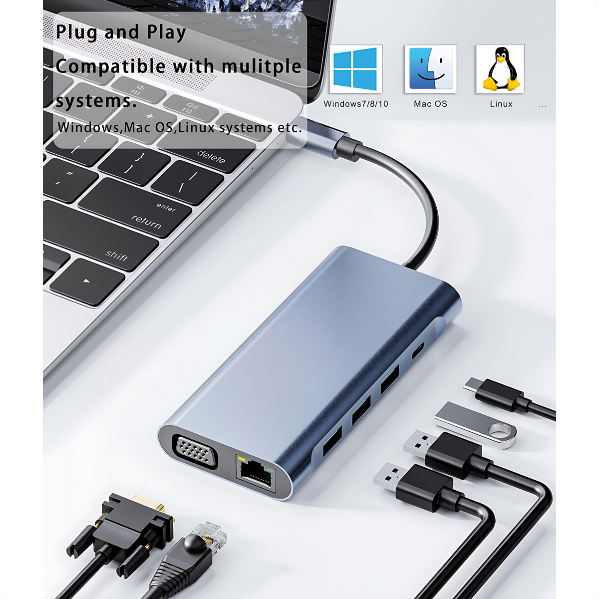 Ein grauer USB-C-Hub mit Kabeln und Anschlüssen neben einer Tastatur.