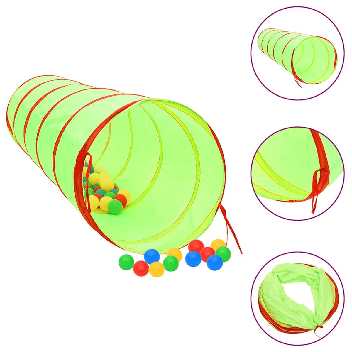 Un tunnel da gioco verde lime con bordo rosso, riempito di palline colorate, alcune fuori.
