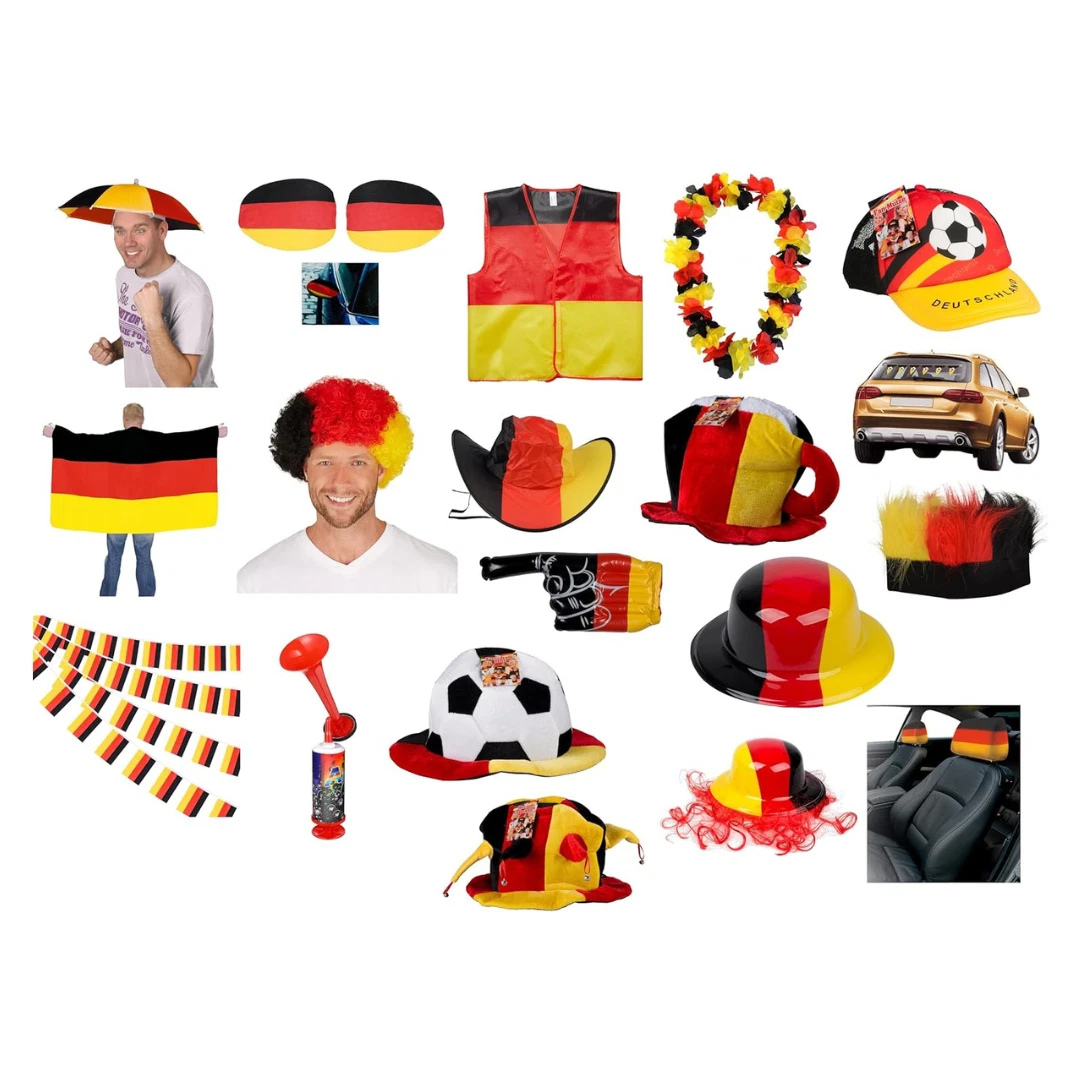 Sammlung von Deutschland-Fanartikeln: Flaggen, Hüte, Perücken, Weste, Auto und mehr.