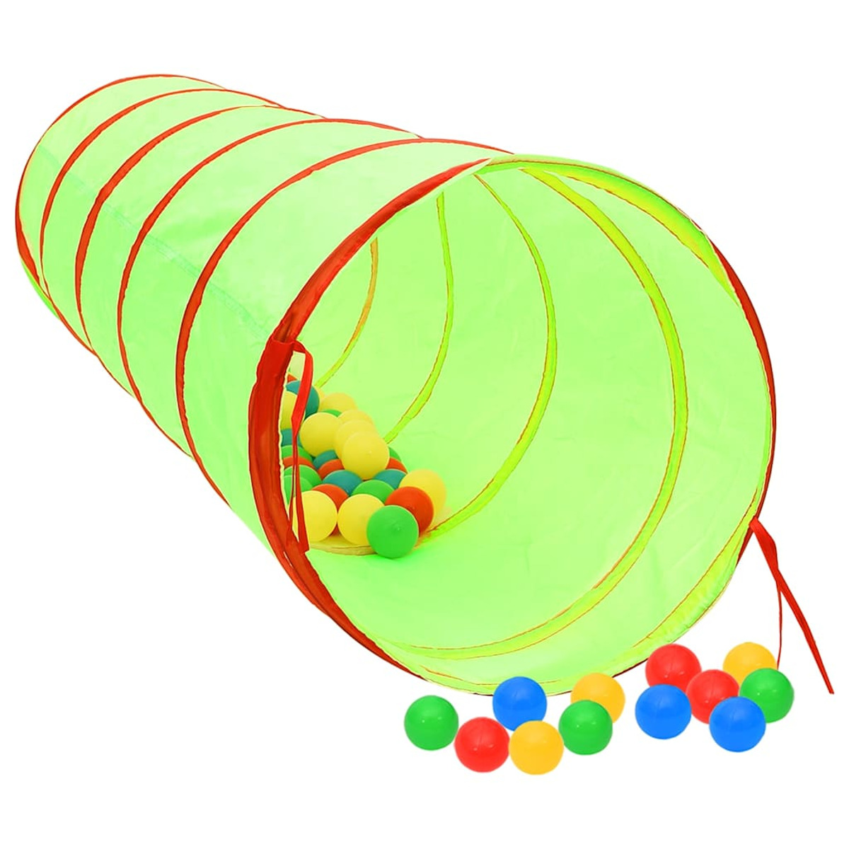 Tunnel gioco verde lime con bordo rosso, pieno di palline colorate. Alcune palline fuori.