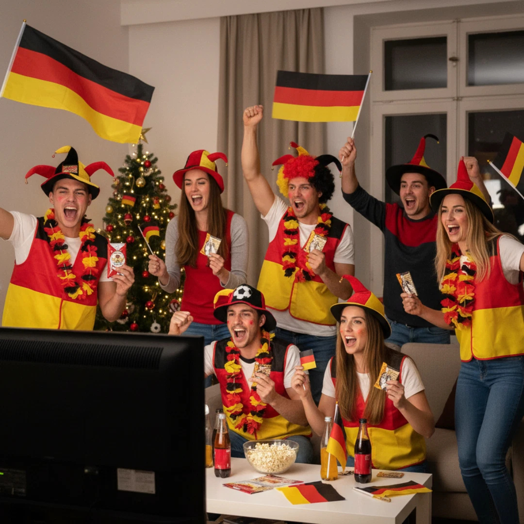 Fußballfans in Deutschland-Trikots jubeln vor dem Fernseher mit Flaggen.