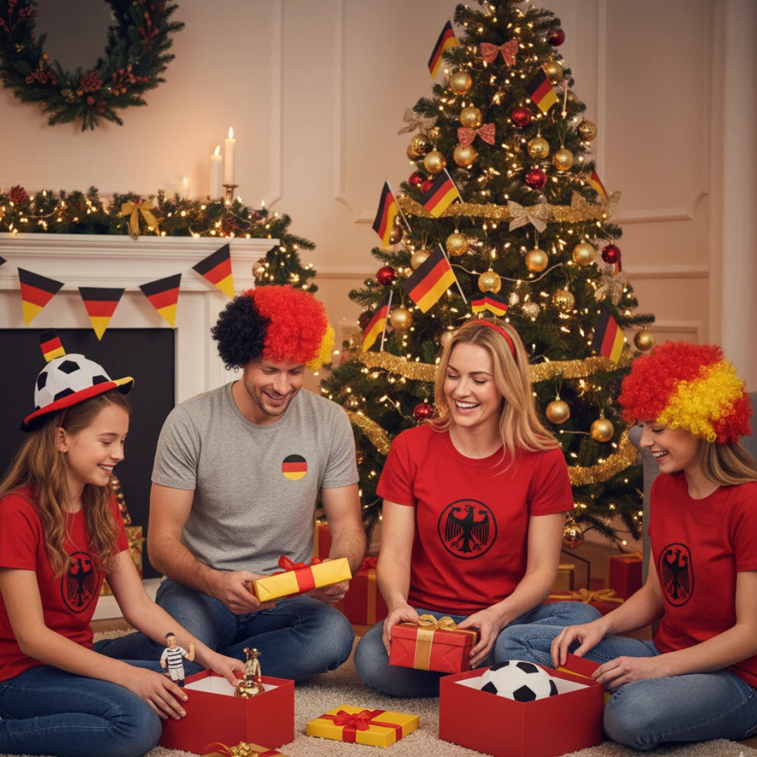 Familie feiert Weihnachten mit Deutschland-Fanartikeln und Geschenken.