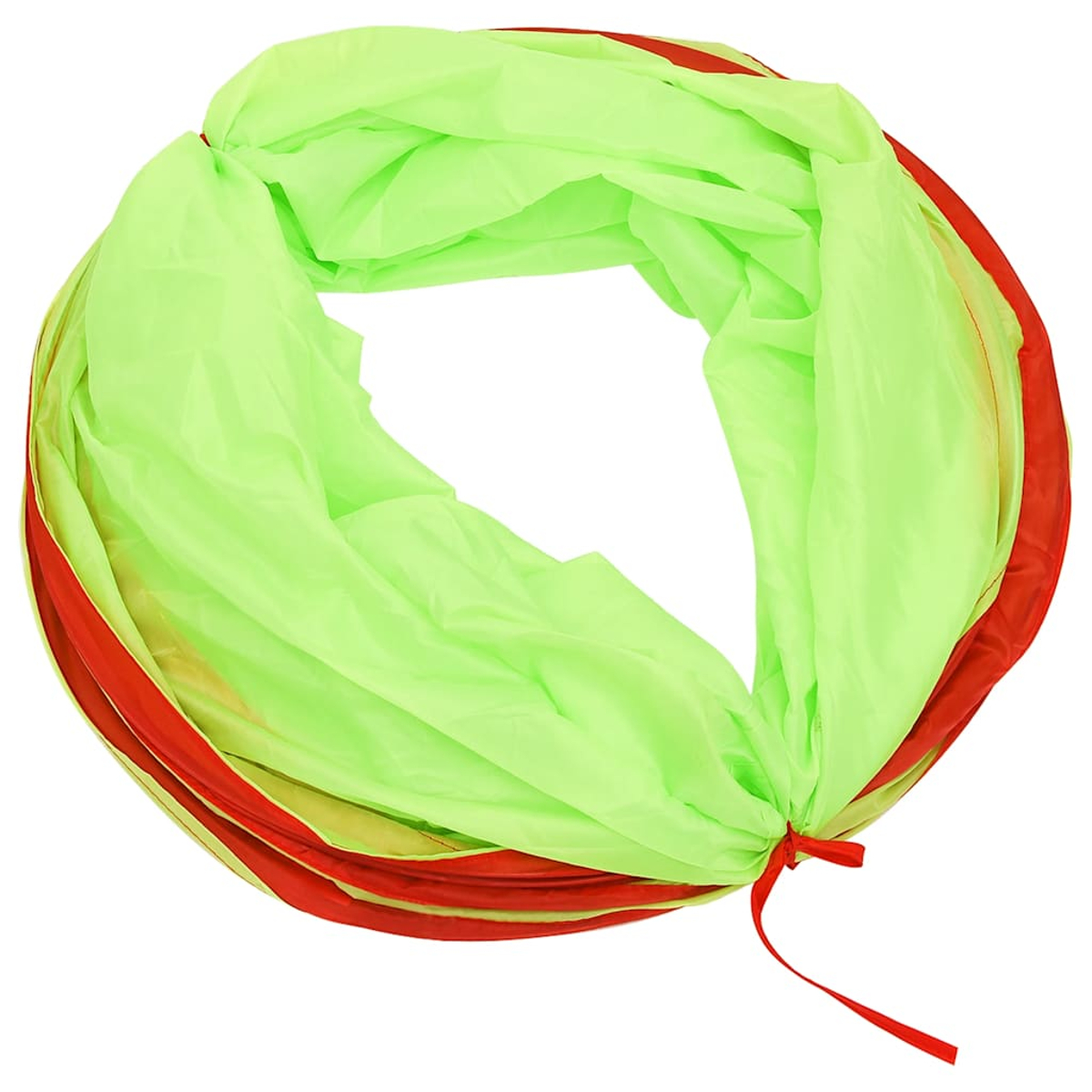 Un tunnel da gioco verde brillante con accenti rossi, a forma di cerchio.