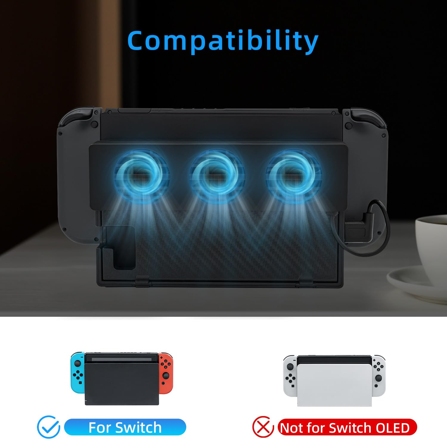 Kompatibilitätsanzeige: Lüfter für Nintendo Switch, nicht für Switch OLED.