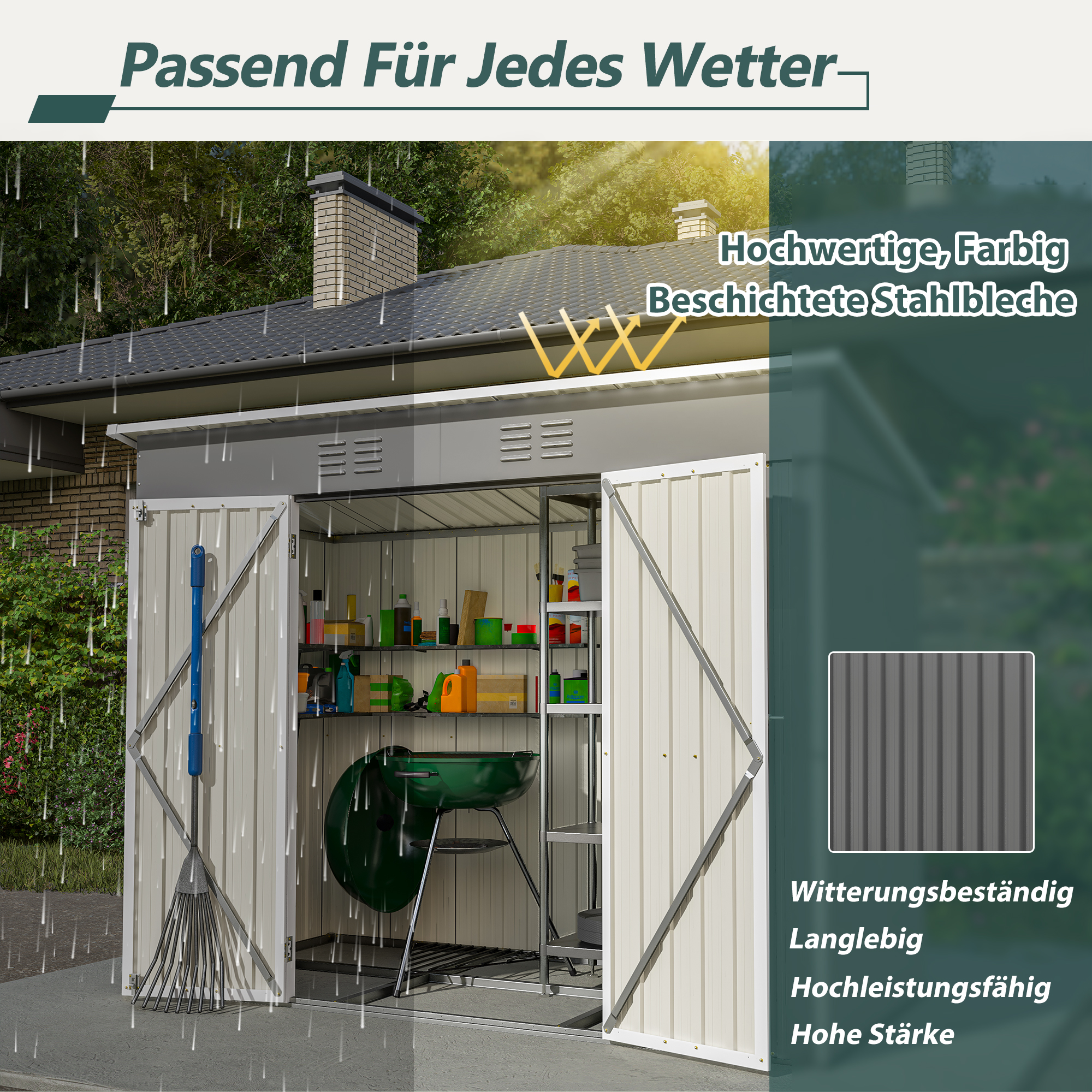 Ein Gartenhaus mit offenen Türen, gefüllt mit Werkzeugen und einem Grill.