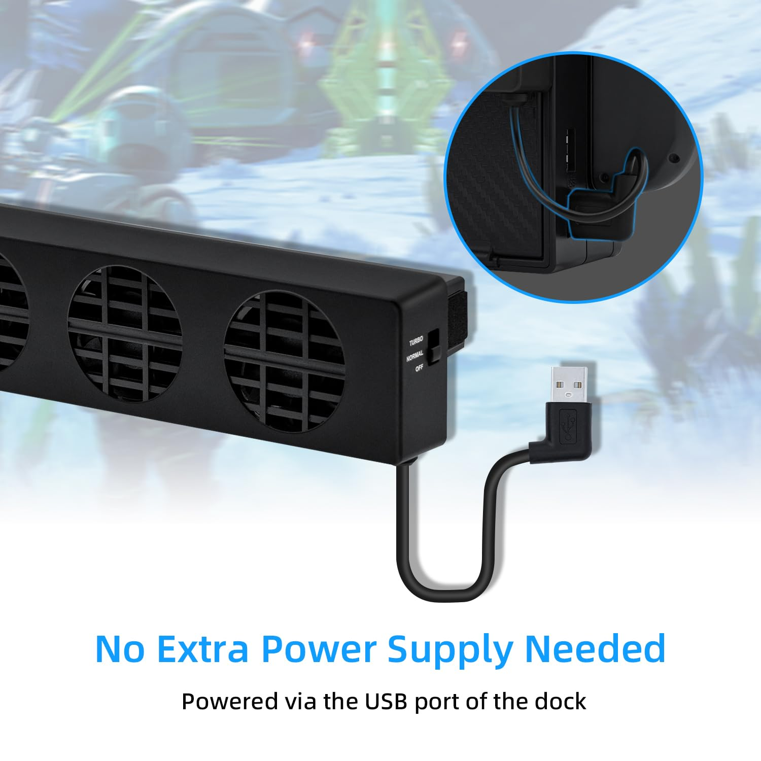 Schwarzer Lüfter mit USB-Kabel, verbunden mit einer Konsole. Text: Keine extra Stromversorgung.