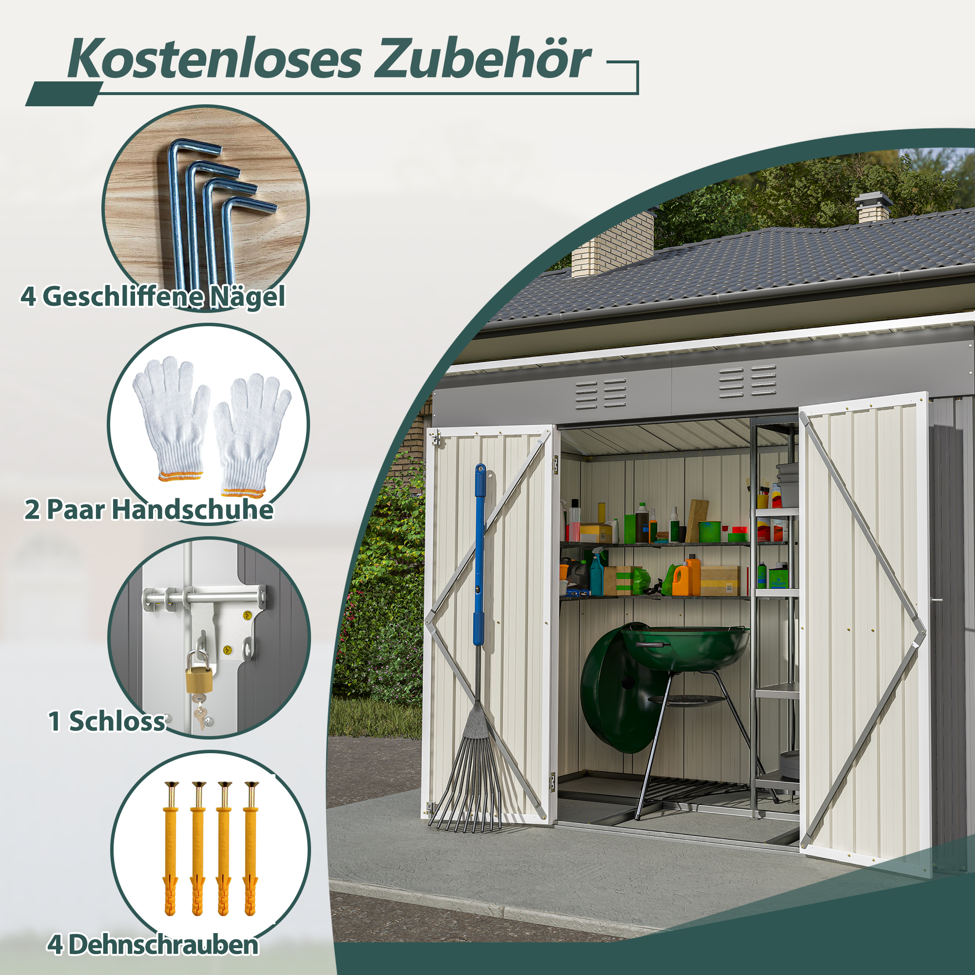Gartenhaus mit Zubehör: 4 Inbusschlüssel, 2 Paar Handschuhe, 1 Schloss, 4 Dübel.