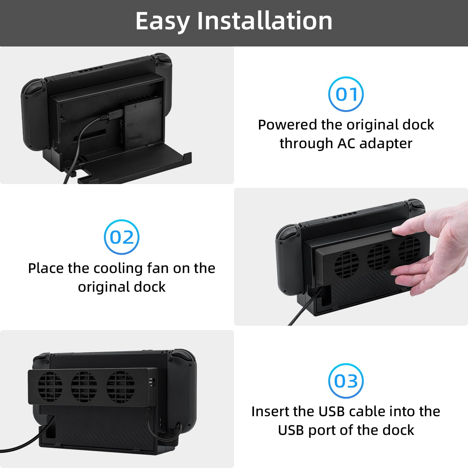 Anleitung: Dock mit Netzteil, Lüfter anbringen, USB anschließen.
