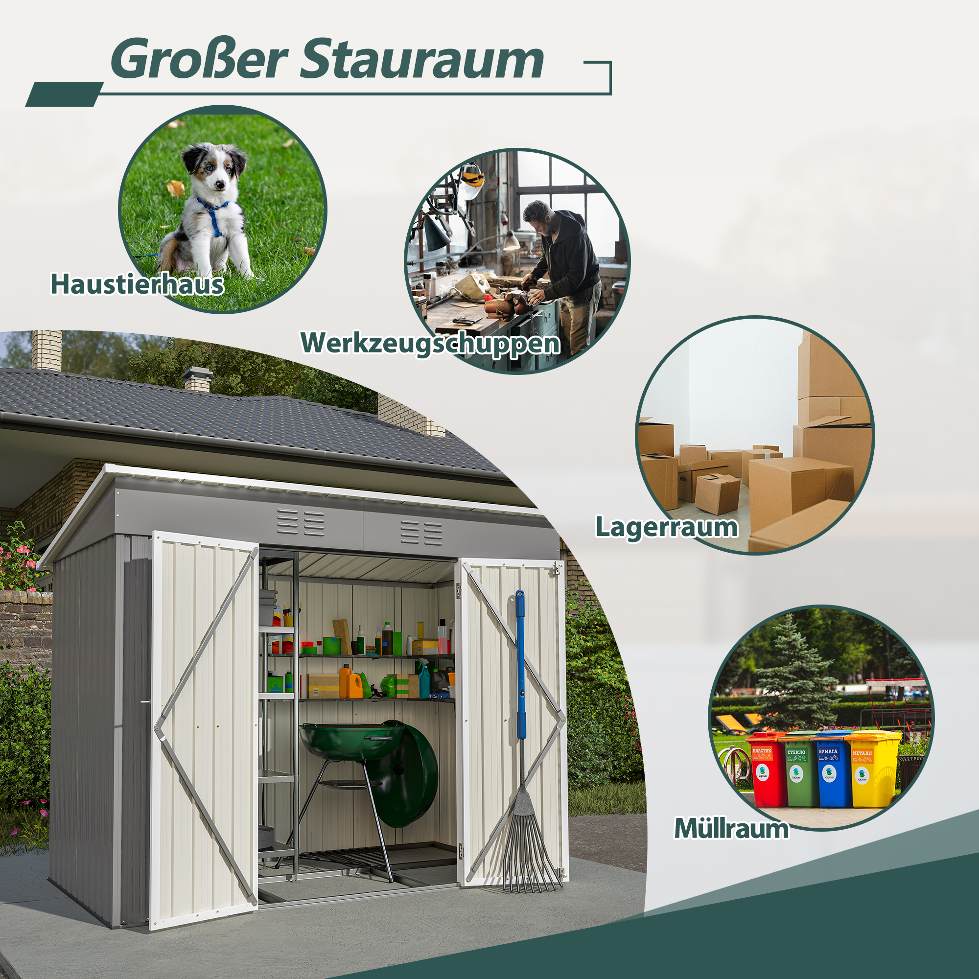 Ein Gartenschuppen mit Werkzeug, Lagerung, Mülltonnen, Hund und Werkstatt.