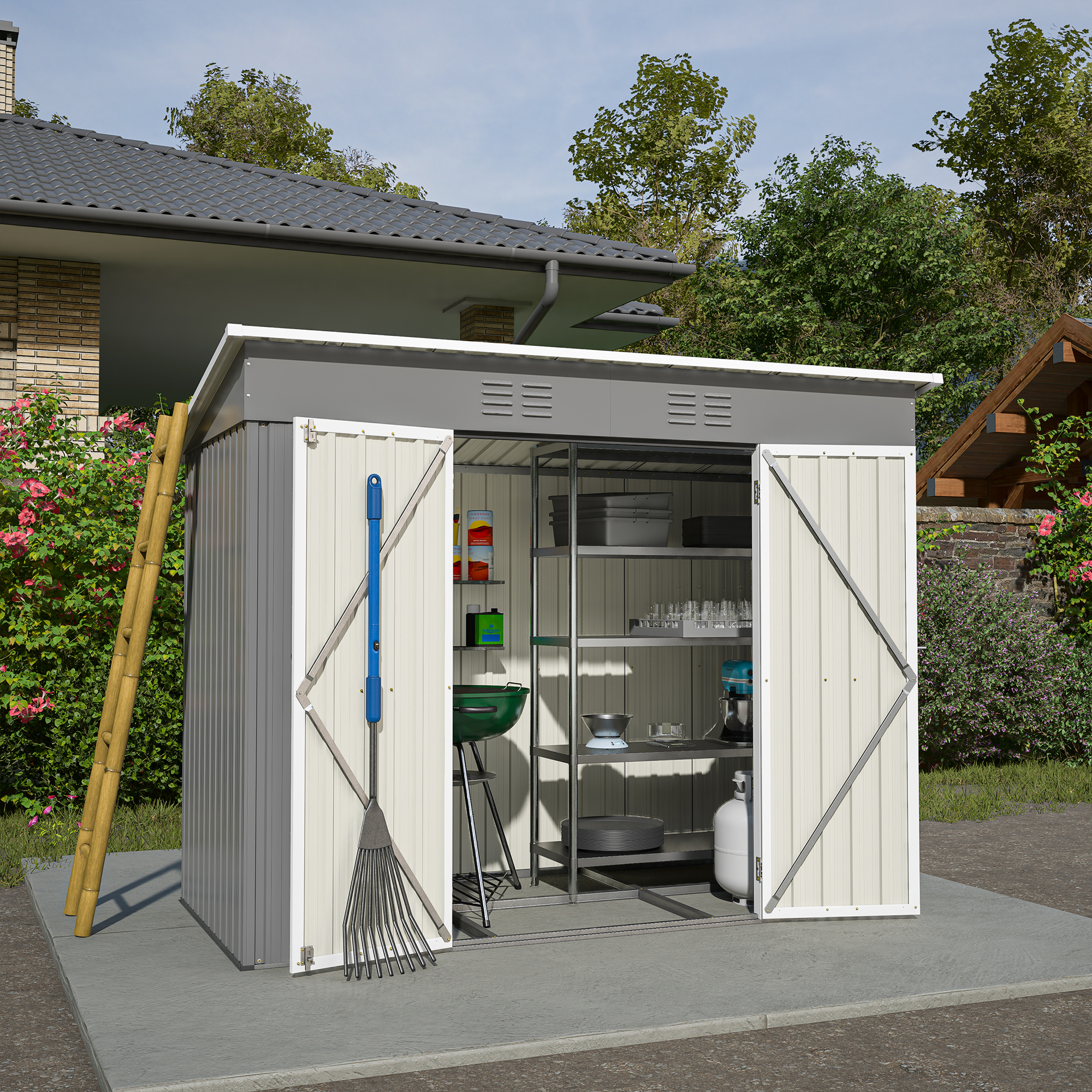 Ein Gartenhaus mit offenen Türen, gefüllt mit Werkzeugen, Grill und Gasflasche.