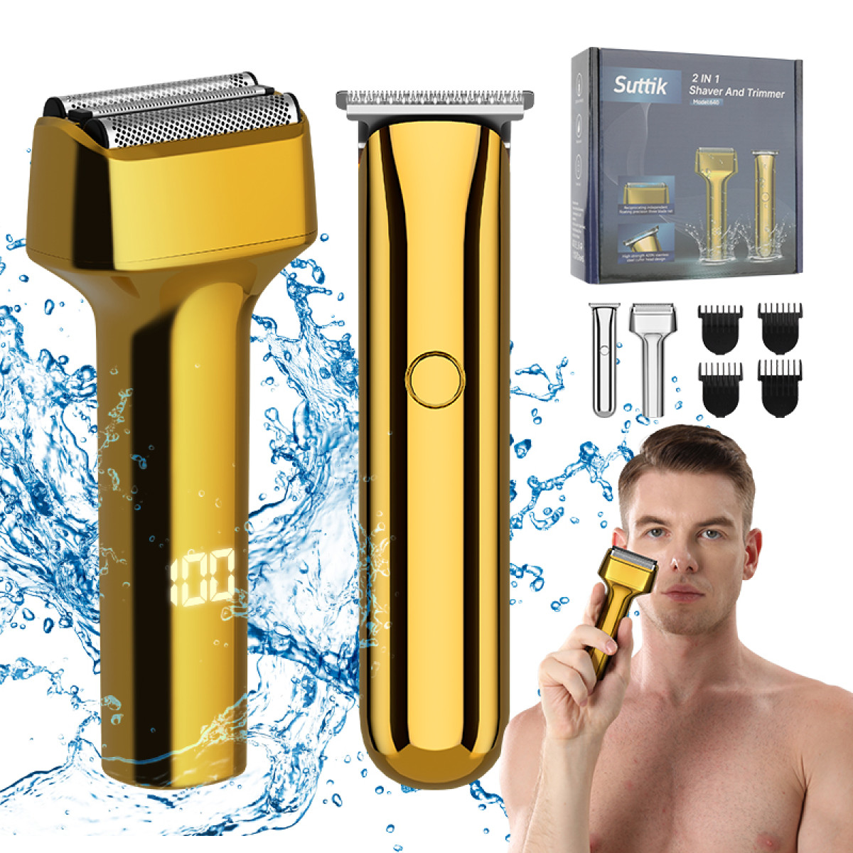 Goldener Rasierer und Trimmer mit Wasser-Spritzern, Mann hält Rasierer.