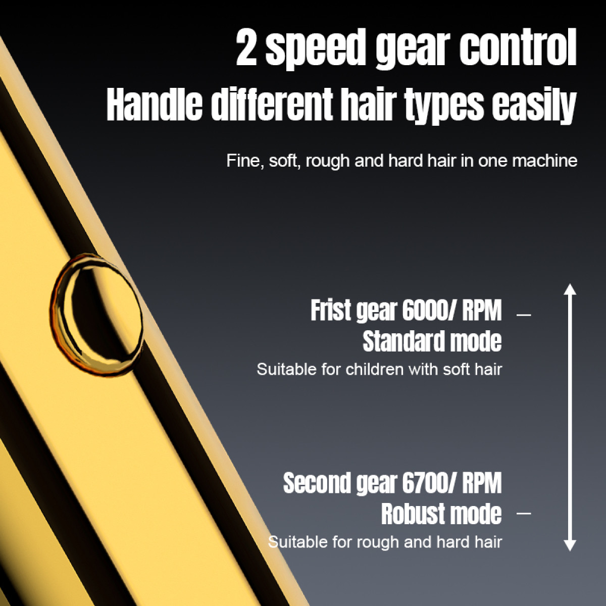 Goldener Haarschneider mit 2 Geschwindigkeiten: Standard (6000 U/min) und Robust (6700 U/min) für verschiedene Haartypen.