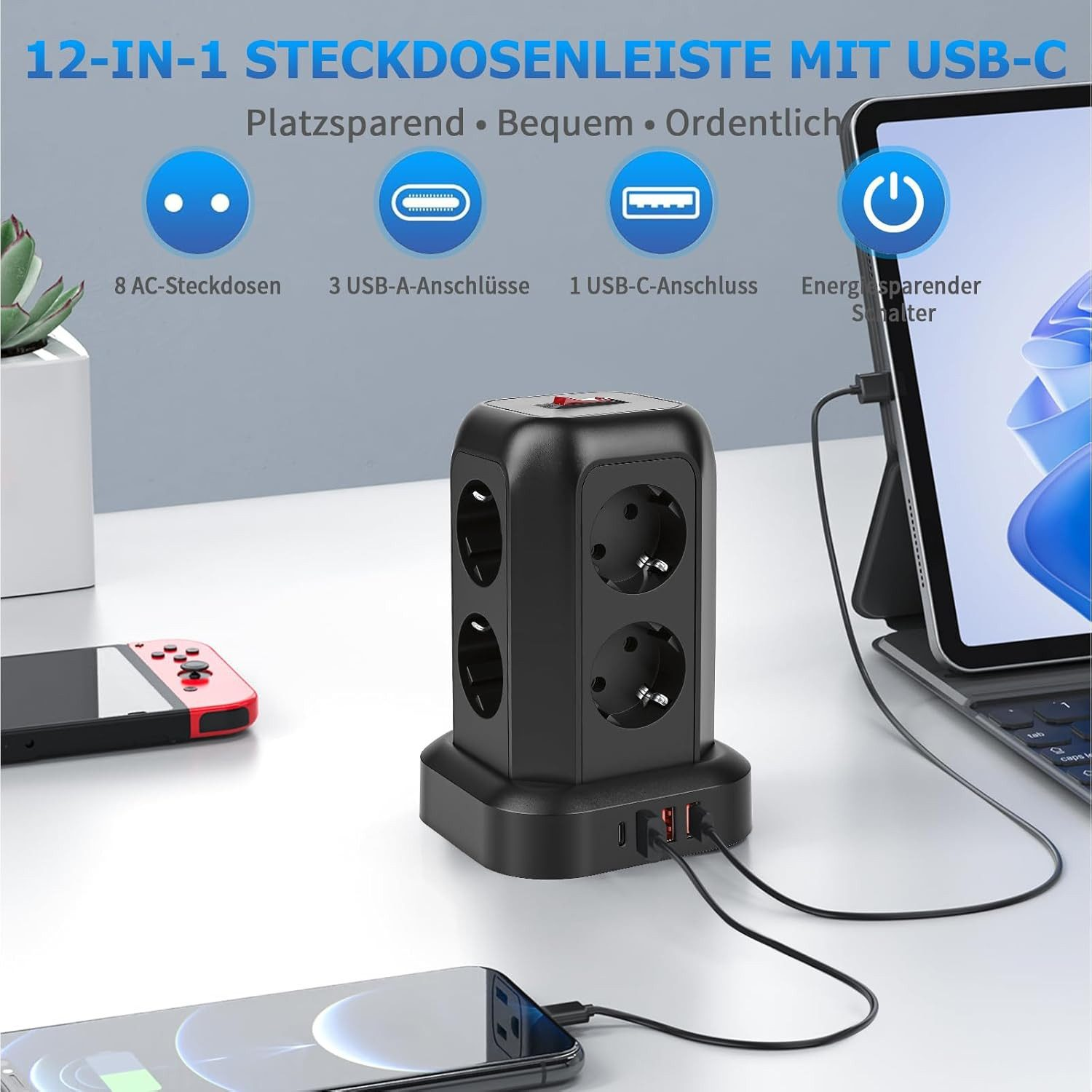 Schwarze Steckdosenleiste mit USB-Ports, lädt ein Tablet und Smartphone.