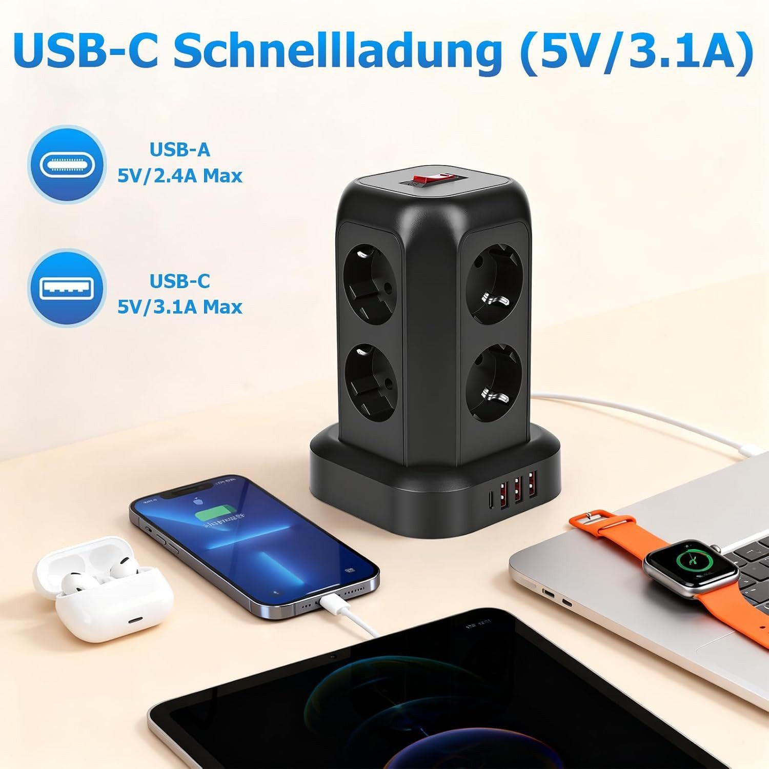 Schwarzer Mehrfachsteckdosen-Turm mit USB-A und USB-C Ports, lädt Handy, AirPods, Tablet, Uhr.