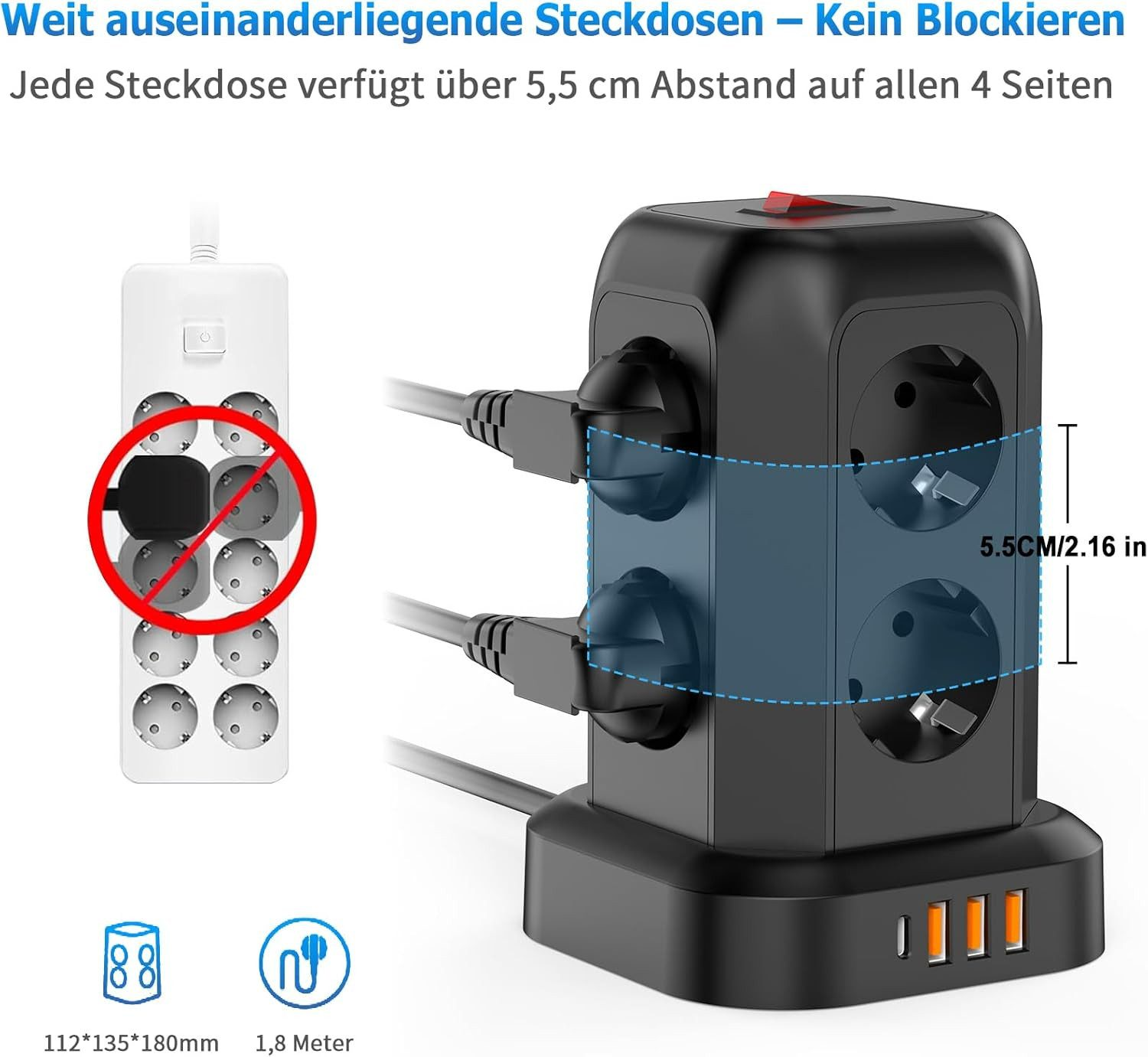 Schwarzer Mehrfachsteckdosenwürfel mit 3 Steckdosen und USB-Anschlüssen. Ein weißer Steckerleiste ist links abgebildet.