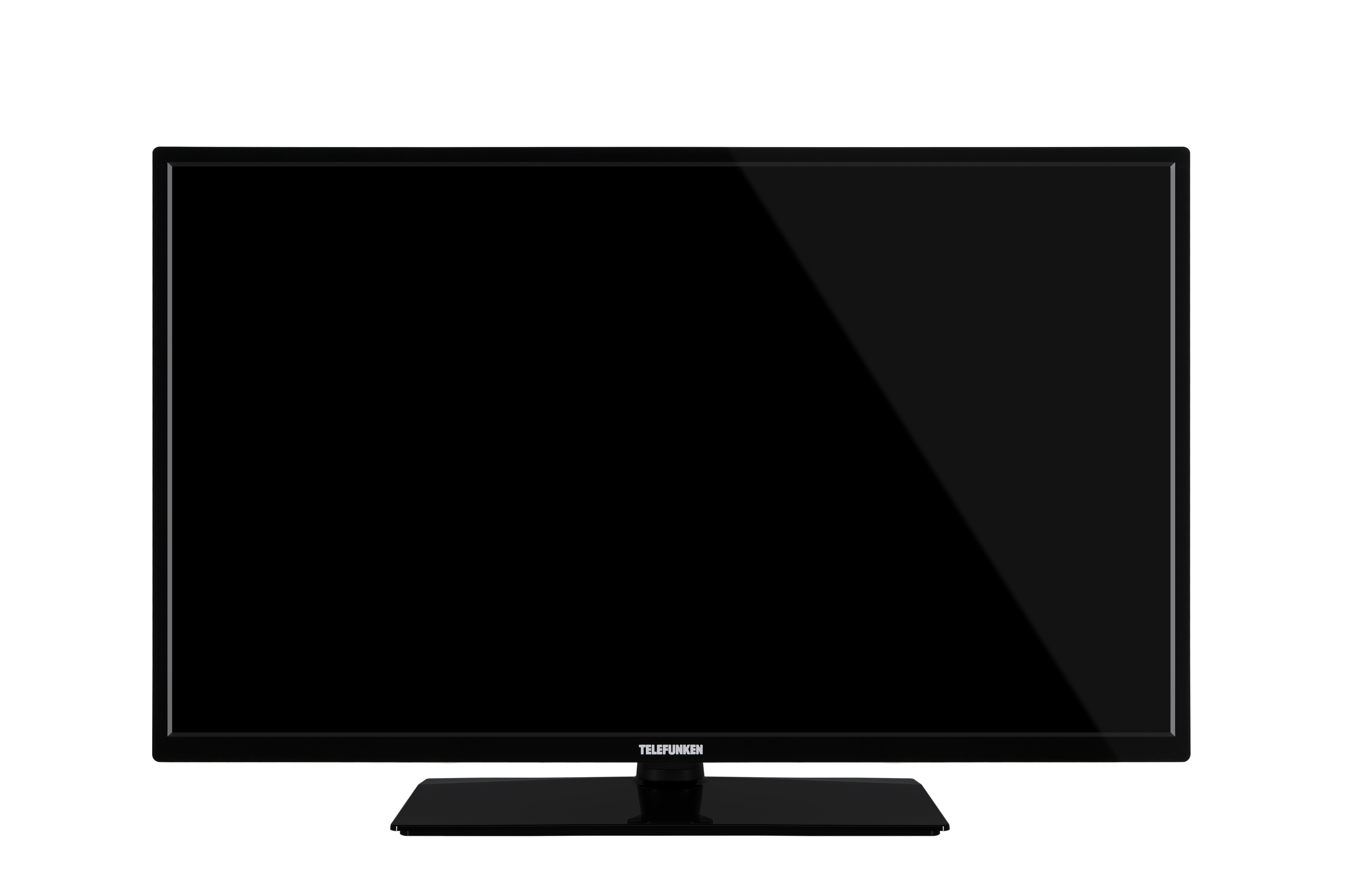 Ein schwarzer Flachbildfernseher mit einem Telefunken-Logo auf dem Ständer.