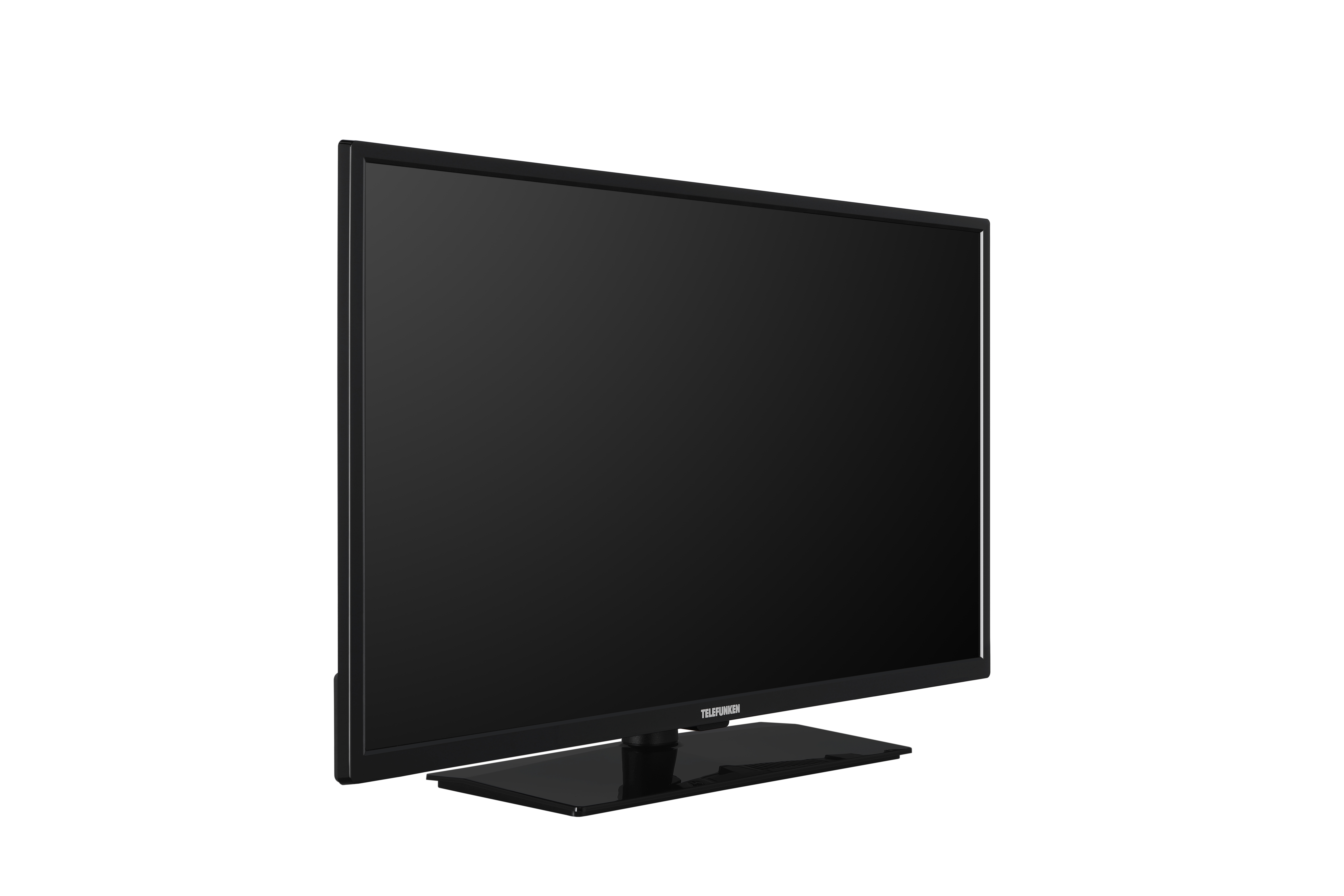 Ein schwarzer Telefunken Fernseher mit Standfuß vor weißem Hintergrund.