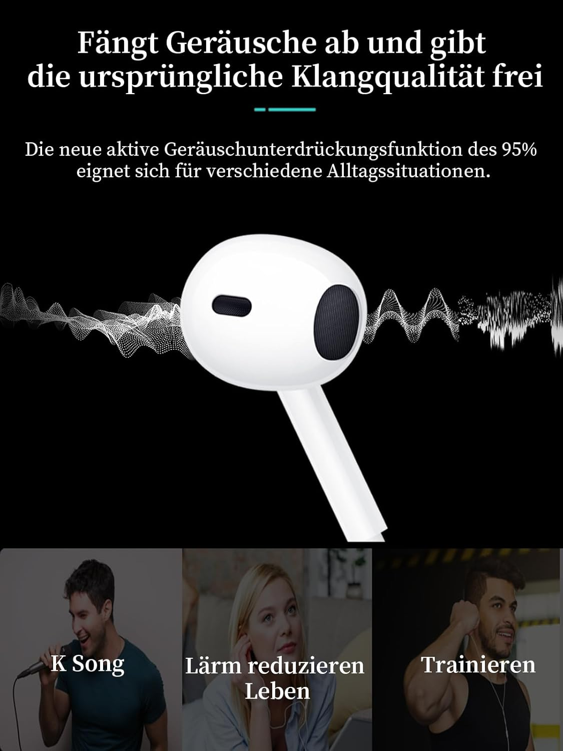 Ein weißer Kopfhörer mit Geräuschwelle. Unten: K Song, Lärm reduzieren, Trainieren.